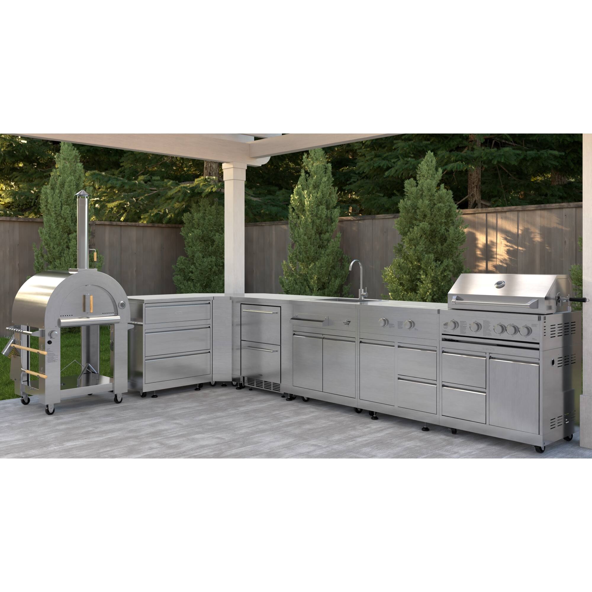 Left. Koolmore - Dual Fuel Pizza Oven, 3 Drawer Cabinet, Corner Cabinet, Refrigerator , Sink, Side Burner, 30 in. Grill and Cabinet - Stainless Steel.