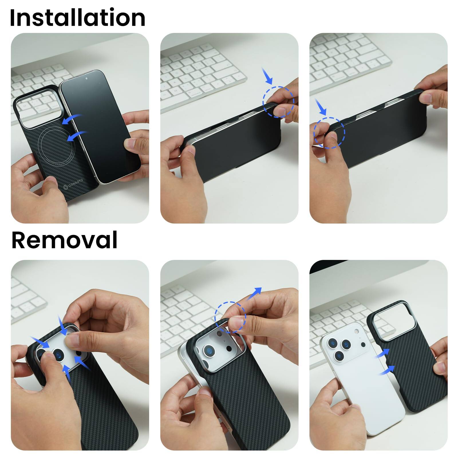 Installation

1. Align the phone with the case.
2. Insert the phone into the case.
3. Press the sides to secure the phone in place.

Removal

1. Press the sides to release the phone.
2. Lift the phone out of the case.