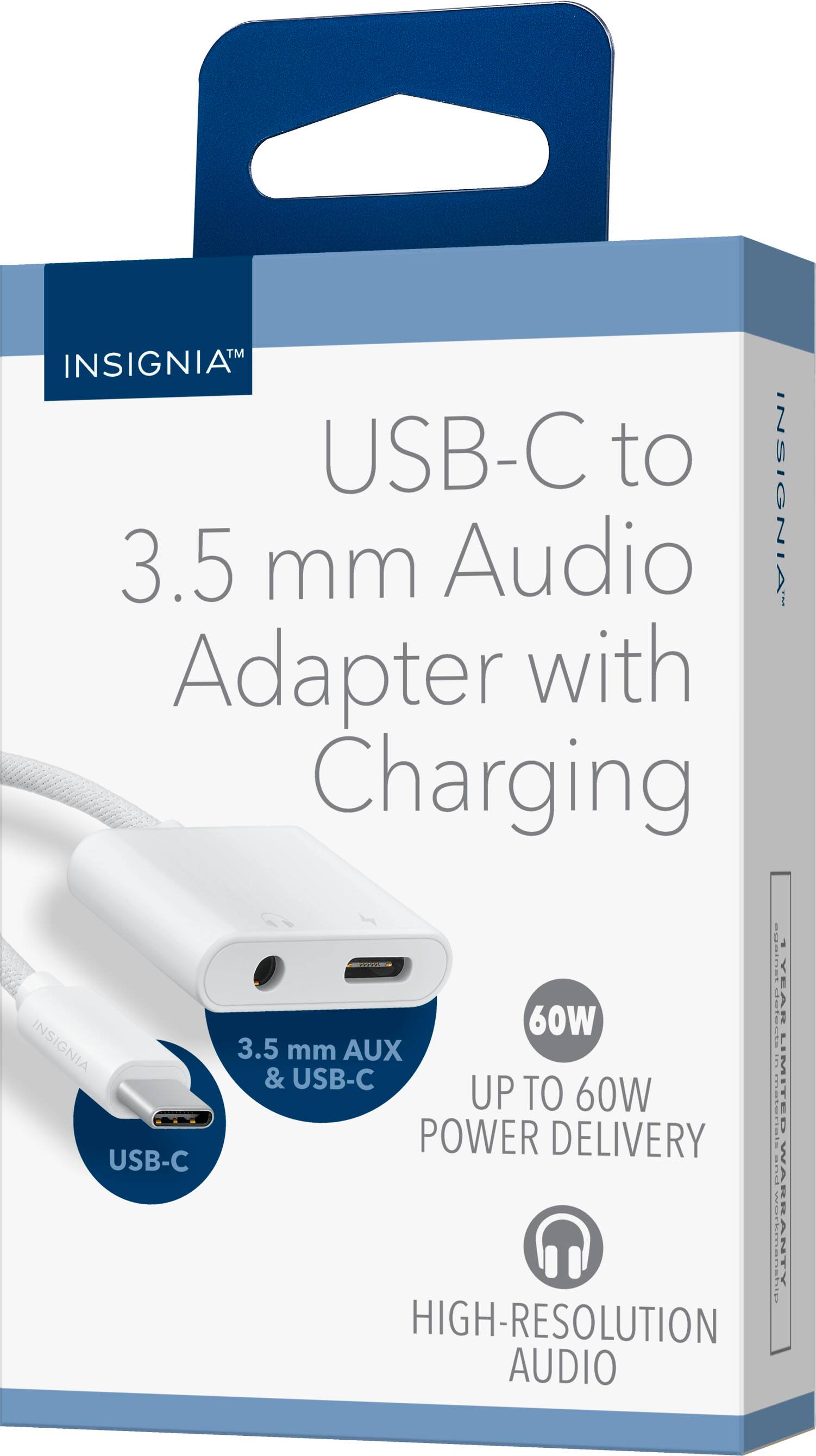 INSIGNIA™ USB-C to 3.5 mm Audio Adapter with Charging  
3.5 mm AUX & USB-C  
UP TO 60W POWER DELIVERY  
HIGH-RESOLUTION AUDIO