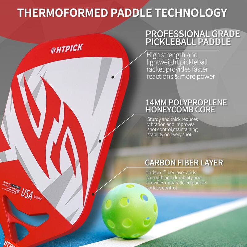 **THERMOFORMED PADDLE TECHNOLOGY**

**PROFESSIONAL GRADE PICKLEBALL PADDLE**

- High strength and lightweight pickleball racket provides faster reactions & more power

- **14MM POLYPROPYLENE HONEYCOMB CORE**
  - Sturdy and thick, reduces vibration and improves shot control, maintaining stability on every shot

- **CARBON FIBER LAYER**
  - Carbon fiber layer adds strength and durability and provides unparalleled paddle surface control

**HTPICK**

**USA**