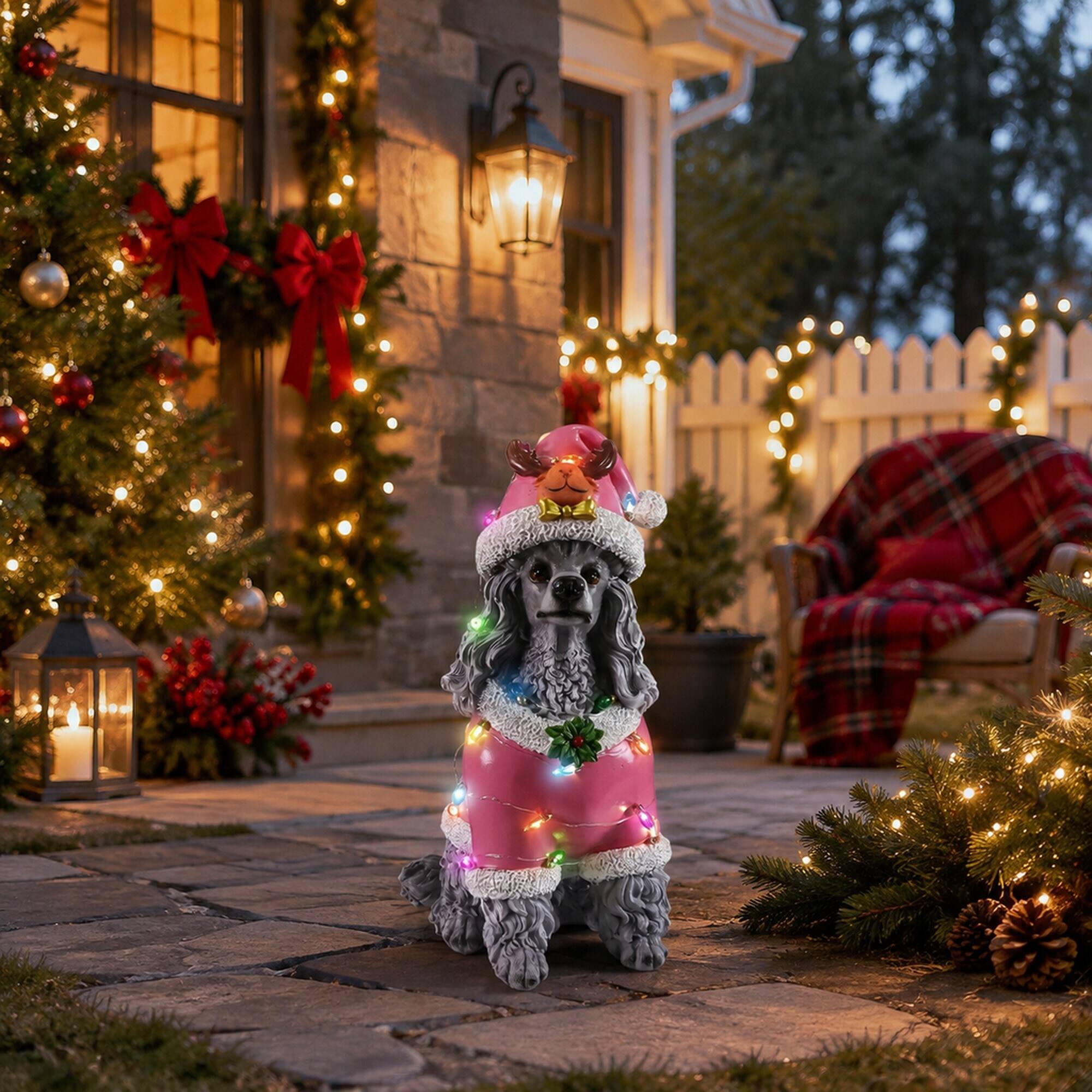 Left. RYHNUYNE - Holiday Poodle Figurine in Pink Santa Outfit with Holly Accents for Festive Indoor Display - Grey.