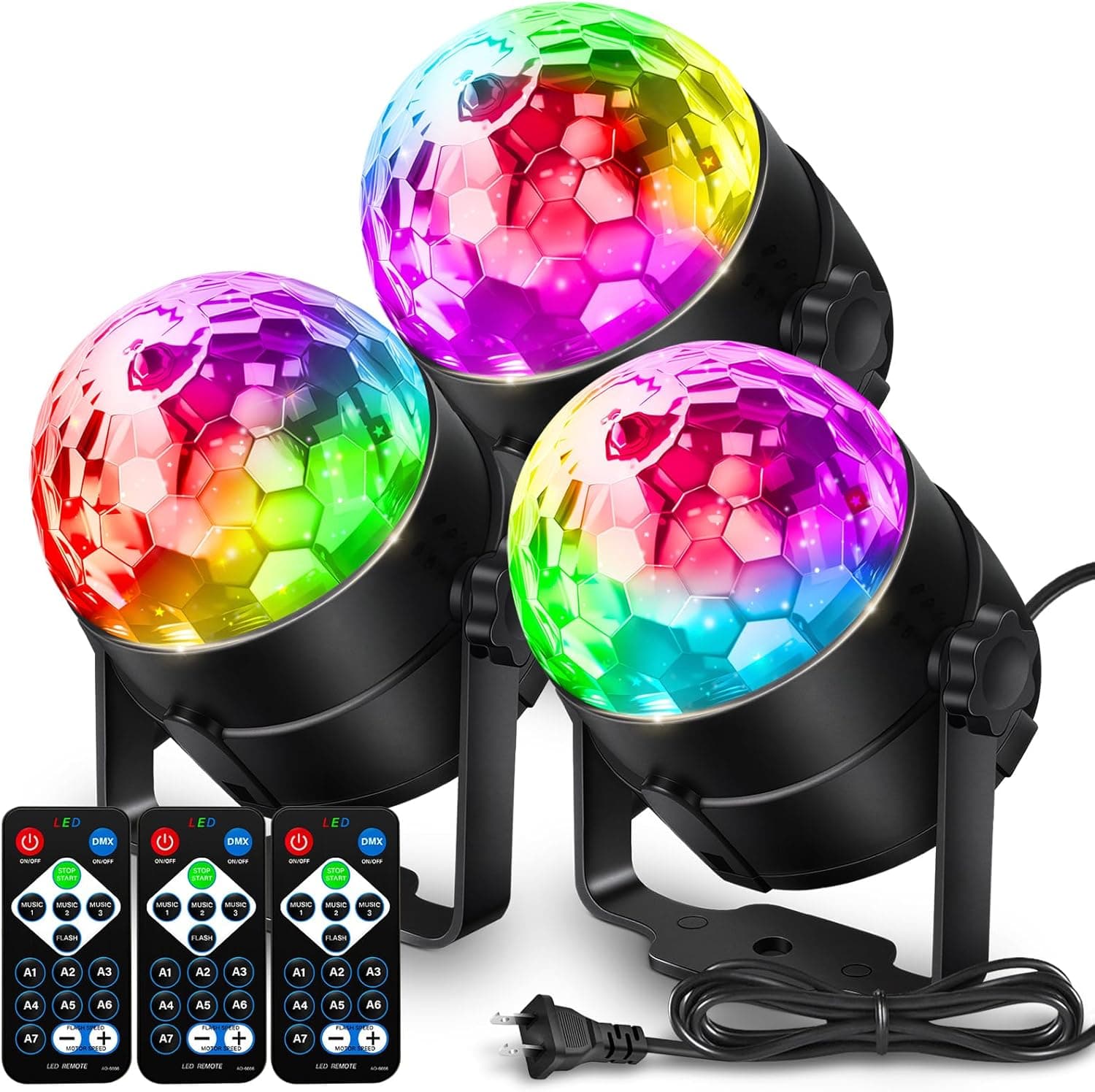 FINEAK - 3-Pack Disco Ball Party Strobe Lights, Sound Activated 7 Modes with Remote for Home Party Halloween Christmas - Multicolor