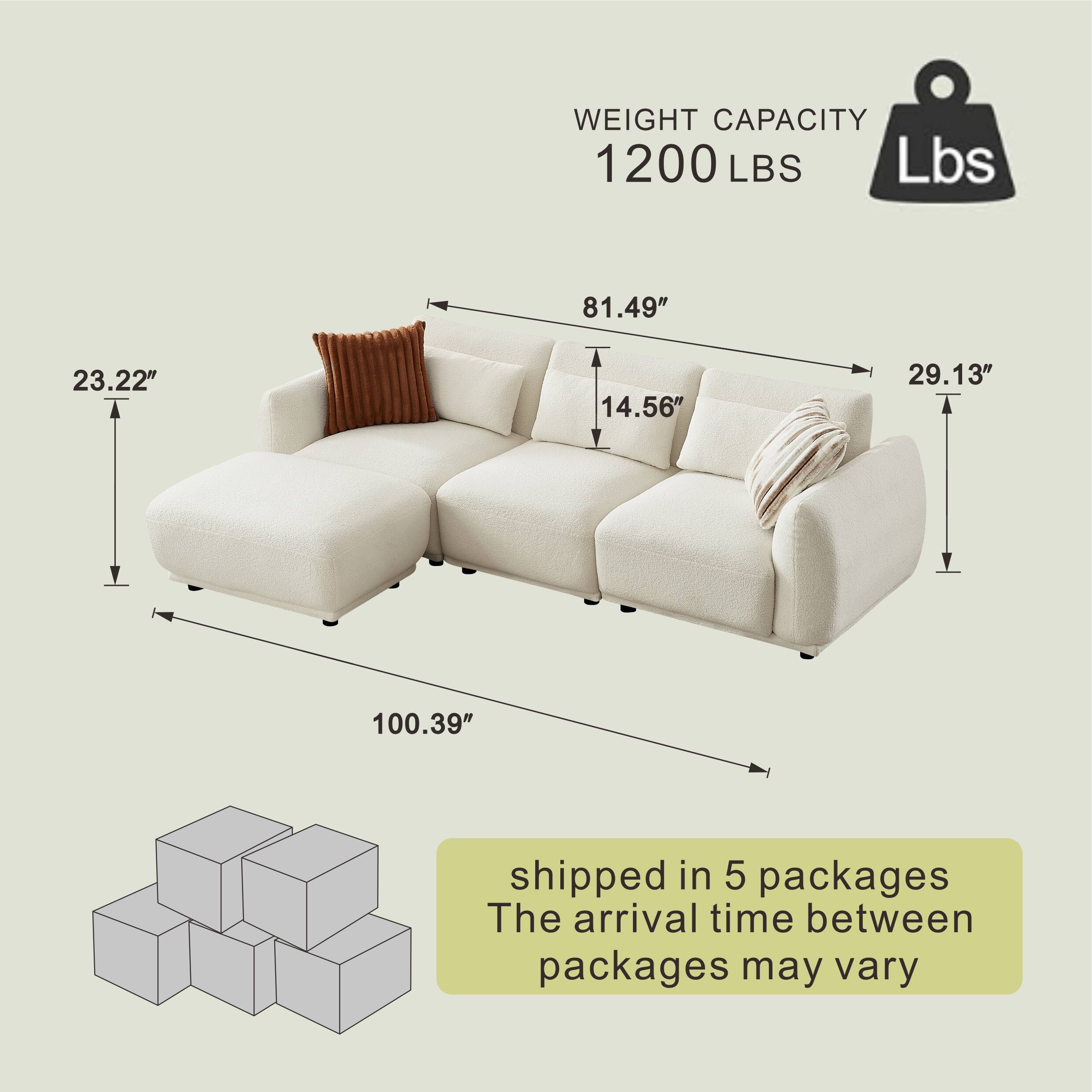 WEIGHT CAPACITY 1200 LBS

81.49" 23.22" 14.56" 29.13" 100.39"

shipped in 5 packages
The arrival time between packages may vary