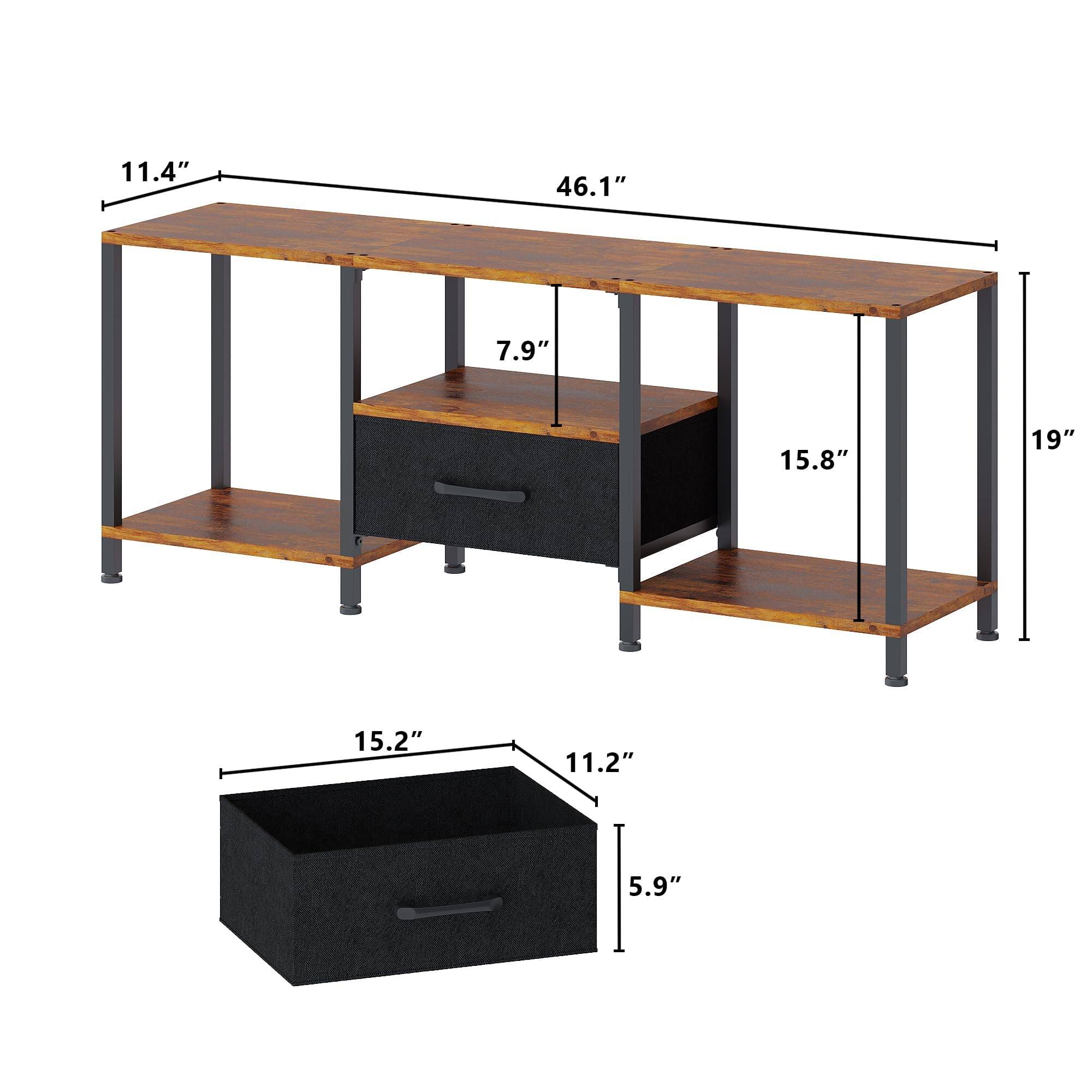 - Top surface: 46.1" wide, 11.4" deep
- Shelf: 15.8" wide, 7.9" deep
- Drawer: 15.2" wide, 11.2" deep, 5.9" high
- Overall height: 19"