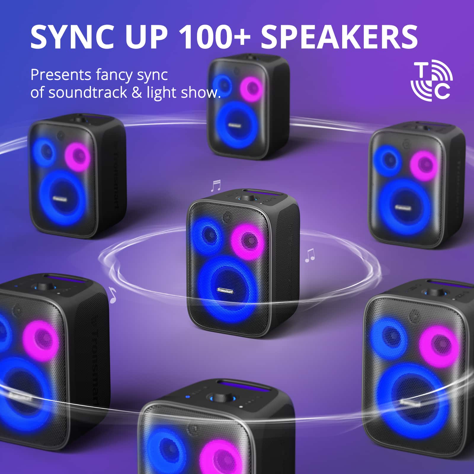 SYNC UP 100+ SPEAKERS Presents fancy sync T of soundtrack & light show.