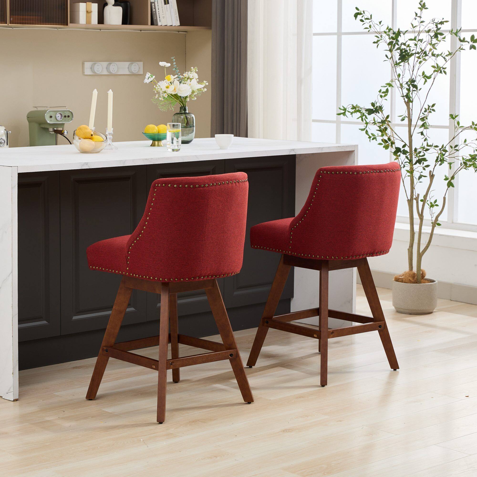 Back. Trinkets Crazed - Counter Height Swivel Barstools Set of 2, 26'' H Seat Height Upholstered Bar Stools, Fabric - Red.