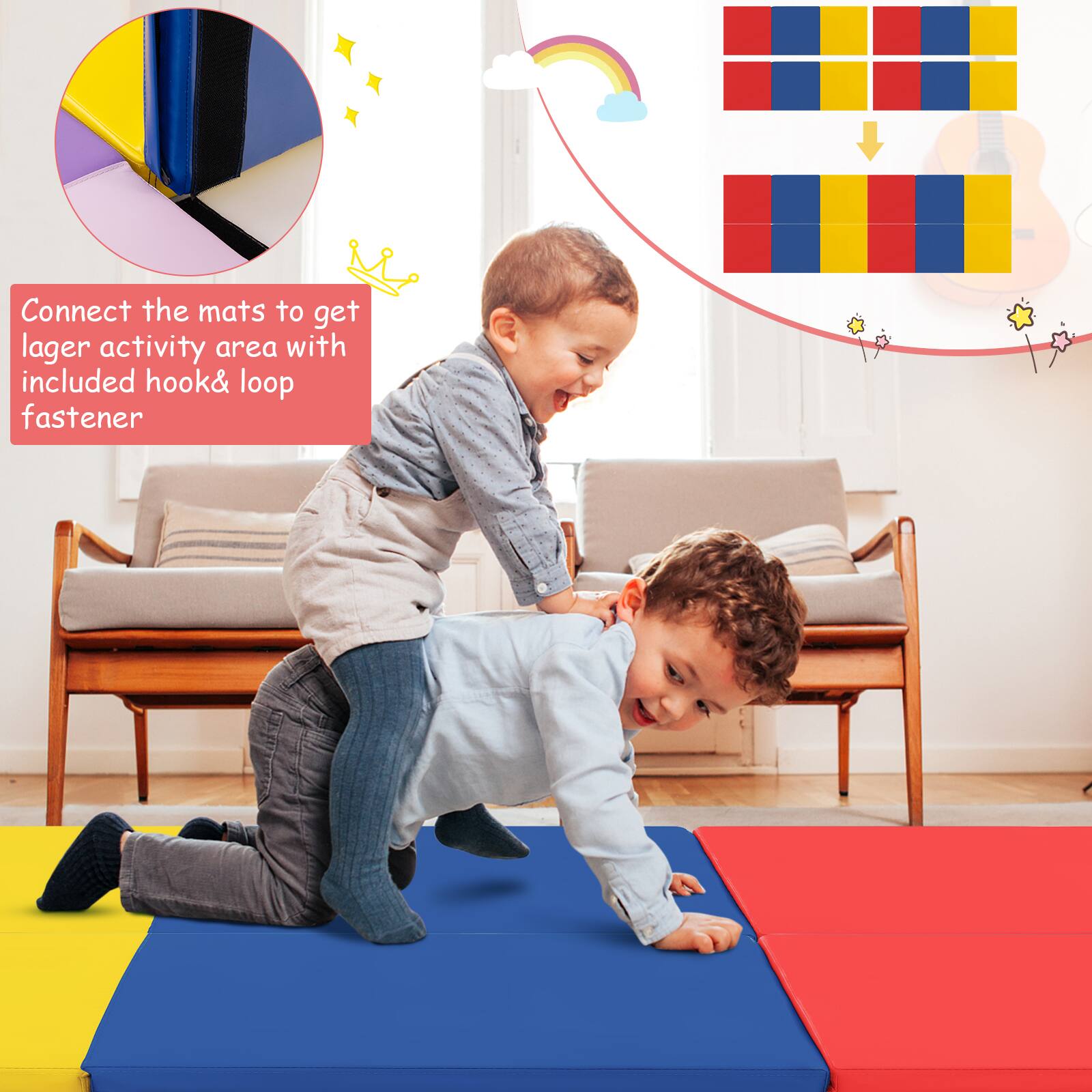 Connect the mats to get larger activity area with included hook & loop fastener