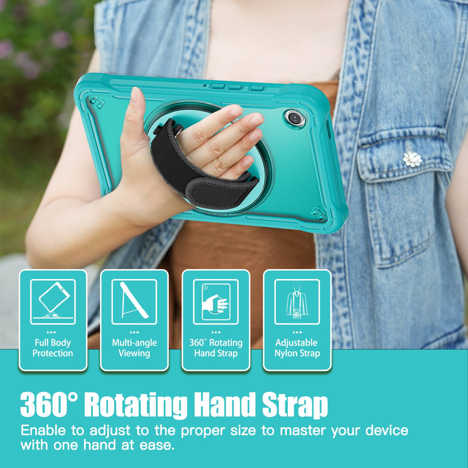 Full Body Protection  
Multi-angle Viewing  
360 Rotating Hand Strap  
Adjustable Nylon Strap  

360° Rotating Hand Strap  
Enable to adjust to the proper size to master your device with one hand at ease.