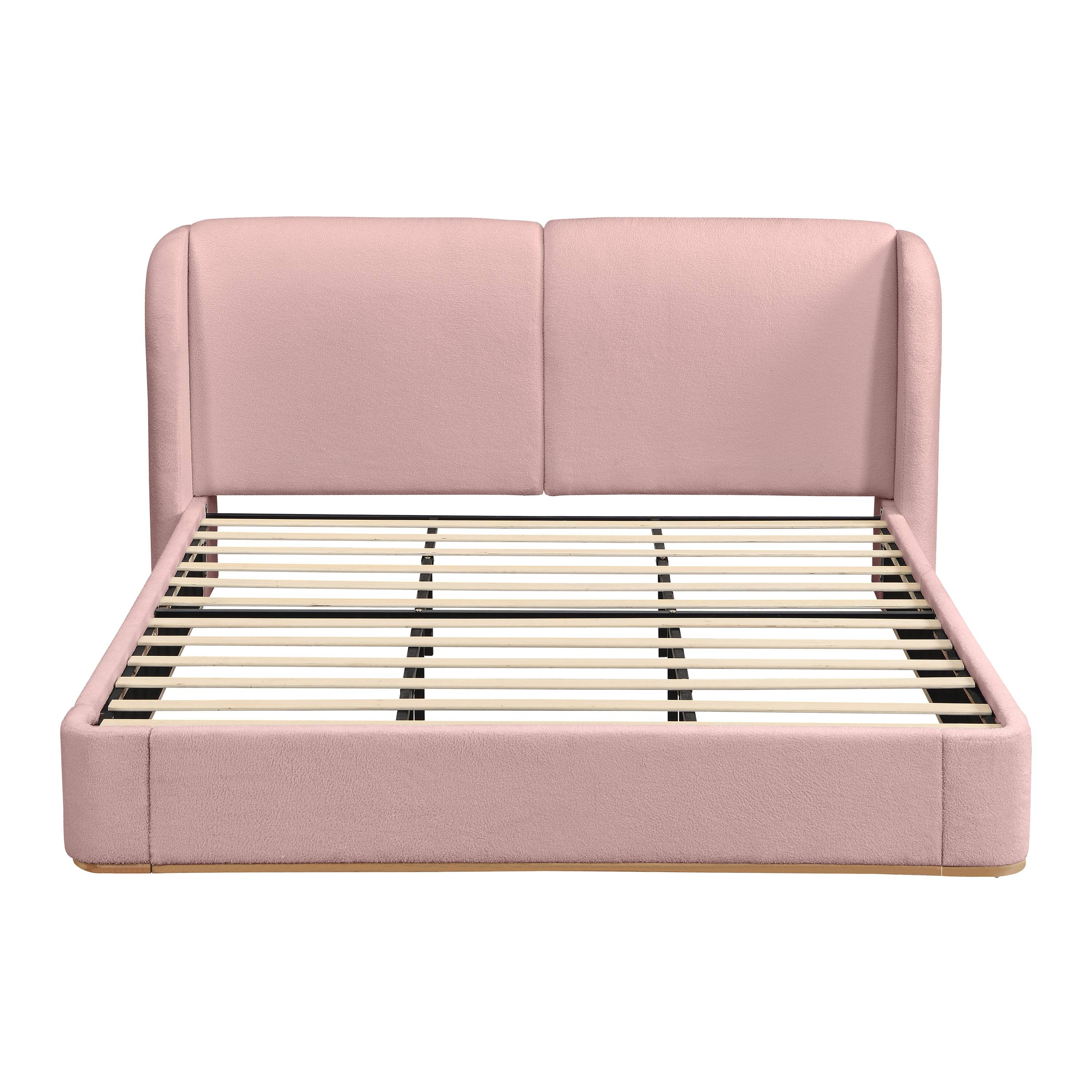 Back. Whisen - King Size Platform Bed with Fabric Upholstered Headboard and Wing Side for Bedroom - Pink.
