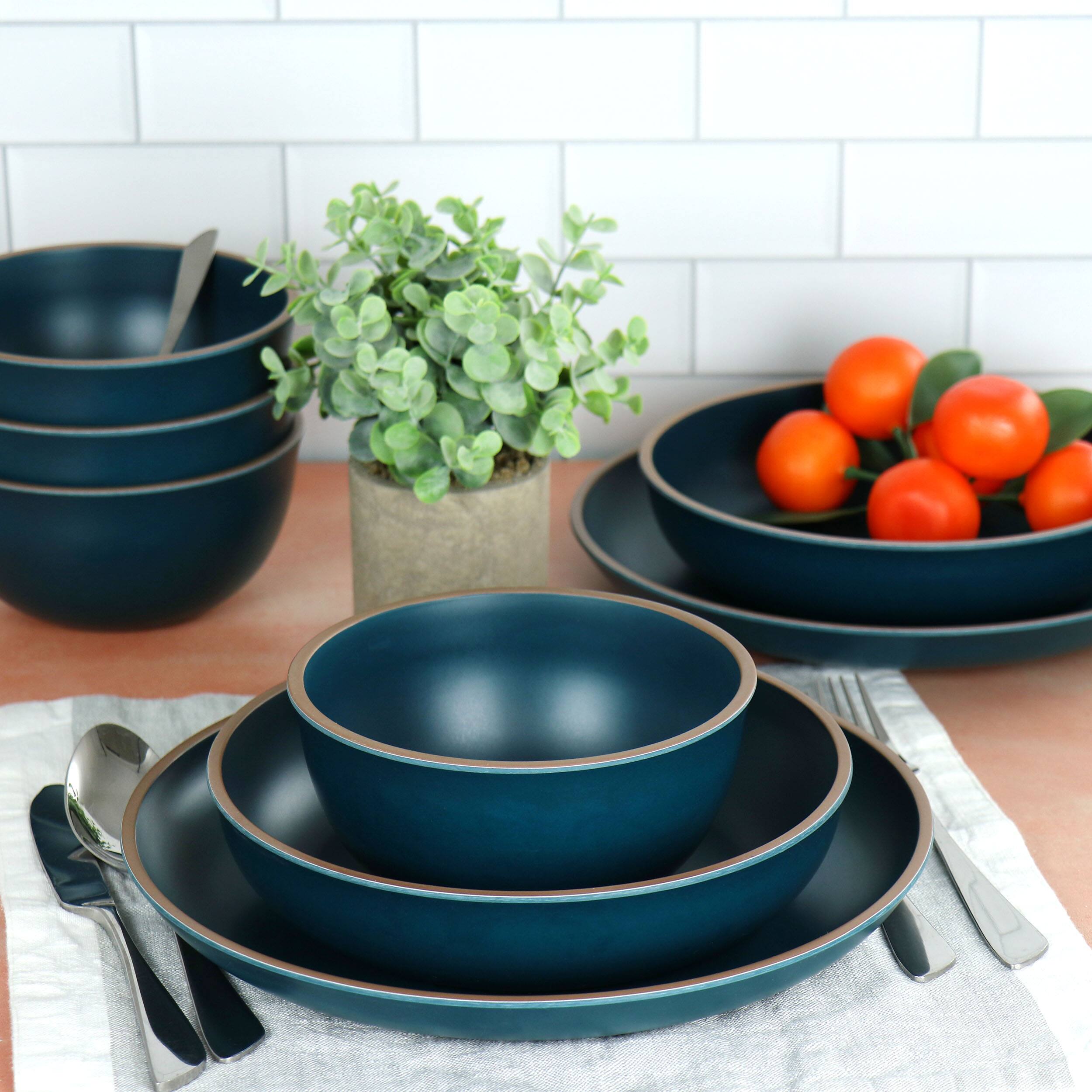 Alt View 8. Gibson - Gibson Home Rockabye 12 Piece Melamine Dinnerware Set in Dark Teal - Dark Teal.