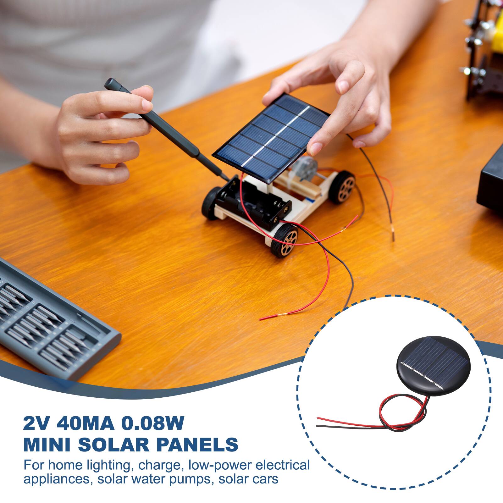 2V 40MA 0.08W MINI SOLAR PANELS

For home lighting, charge, low-power electrical appliances, solar water pumps, solar cars