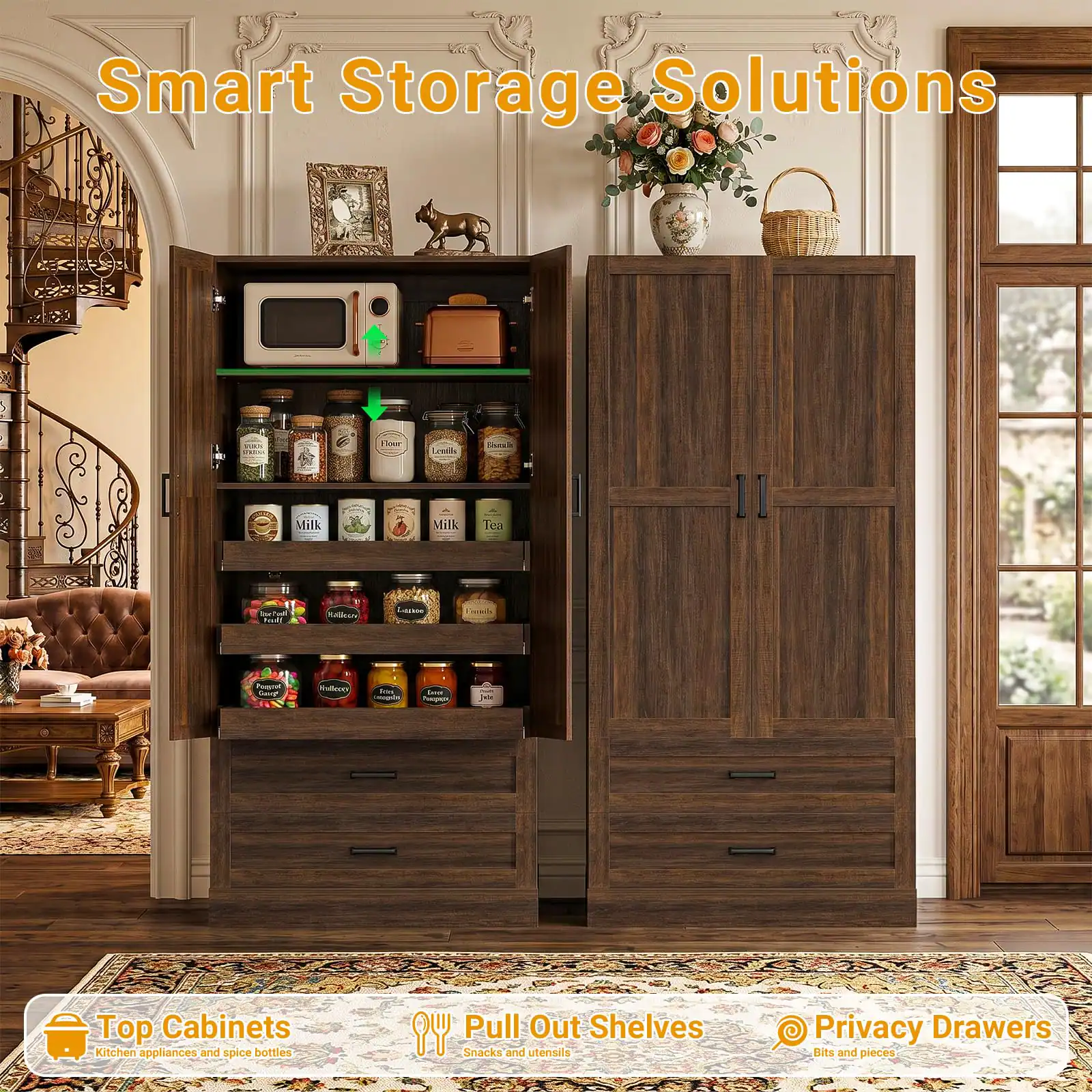 Smart Storage Solutions

PORTOUR
Flour
Enzala
Milk
Milk
Tea
Kalleon
Luckne
Creamily
Peepnet Guogo
Wellexy
Irin Conognies
Exam Pasquex
jex

Top Cabinets Kitchen appliances and spice bottles
BY Pull Out Shelves Snacks and utensils
Privacy Drawers Bits and pieces