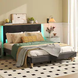 Bestier - Upholstered Platform Bed Frame Bed with LED Light & Adjustable Storage Headboard for Bedroom -Twin Size - Black