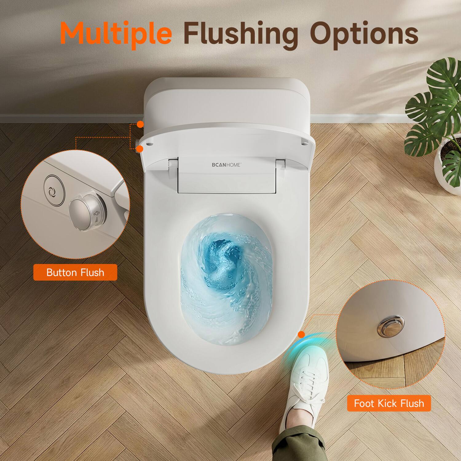 Multiple Flushing Options

- Button Flush
- Foot Kick Flush