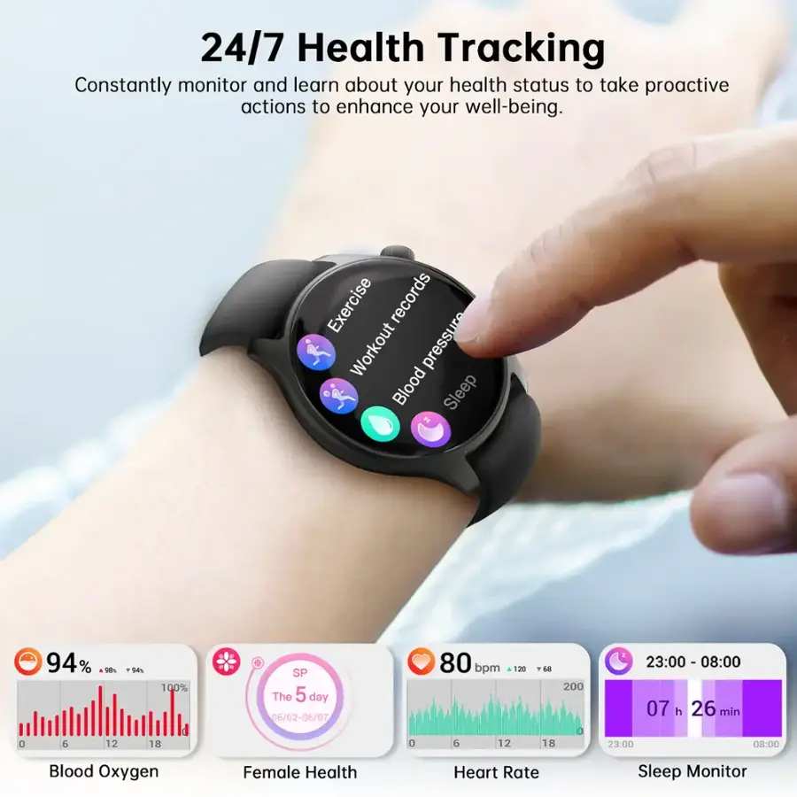 24/7 Health Tracking: Constantly monitor and learn about your health status to take proactive actions to enhance your well-being. Exercise records, Workout pressure, Blood, Sleep, Heart Rate, Blood Oxygen, Female Health, Heart Rate, Sleep Monitor. The 5 day 06/02-06/07. 80 bpm, 120, 68, 200, 23:00 - 08:00, 07 h 26 min.
