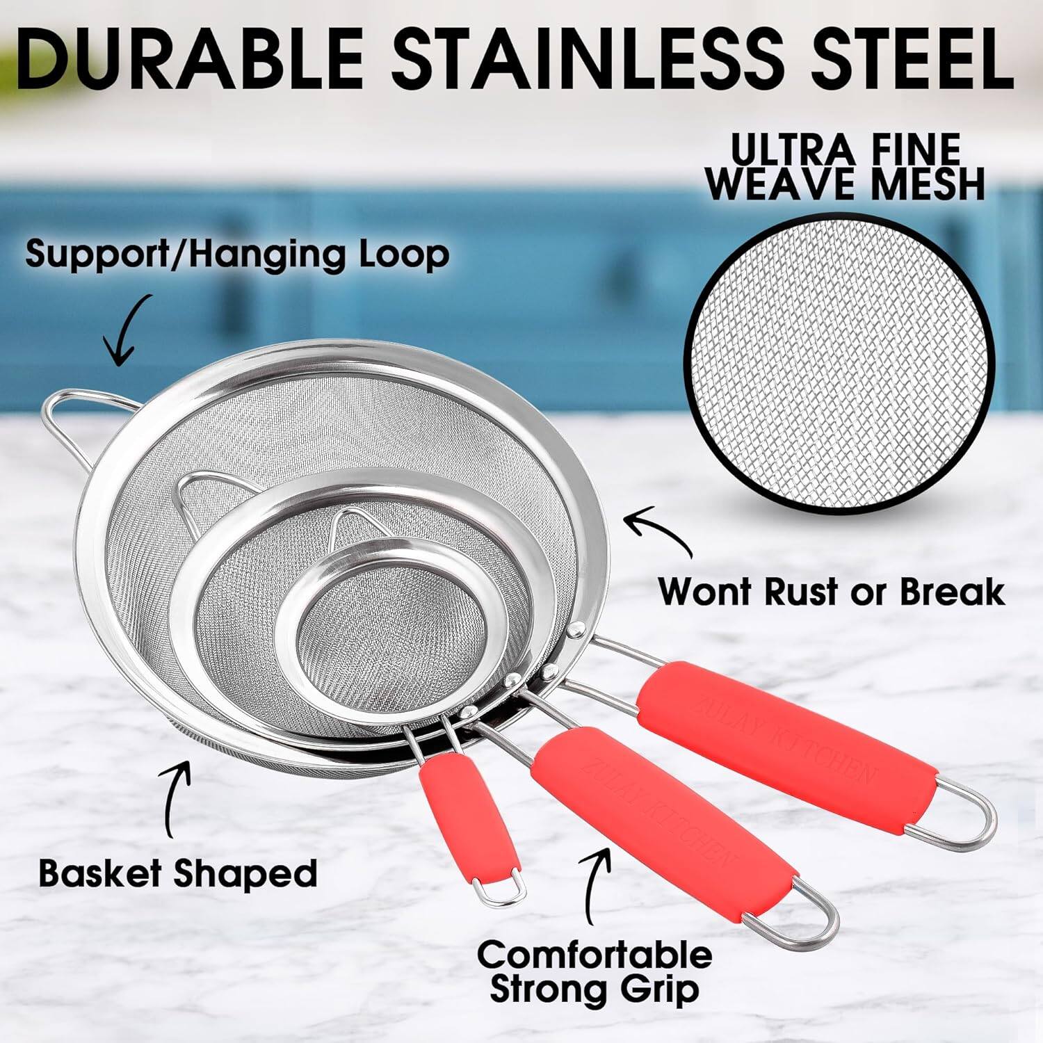 DURABLE STAINLESS STEEL  
ULTRA FINE WEAVE MESH  

- Support/Hanging Loop  
- Basket Shaped  
- Comfortable Strong Grip  
- Wont Rust or Break