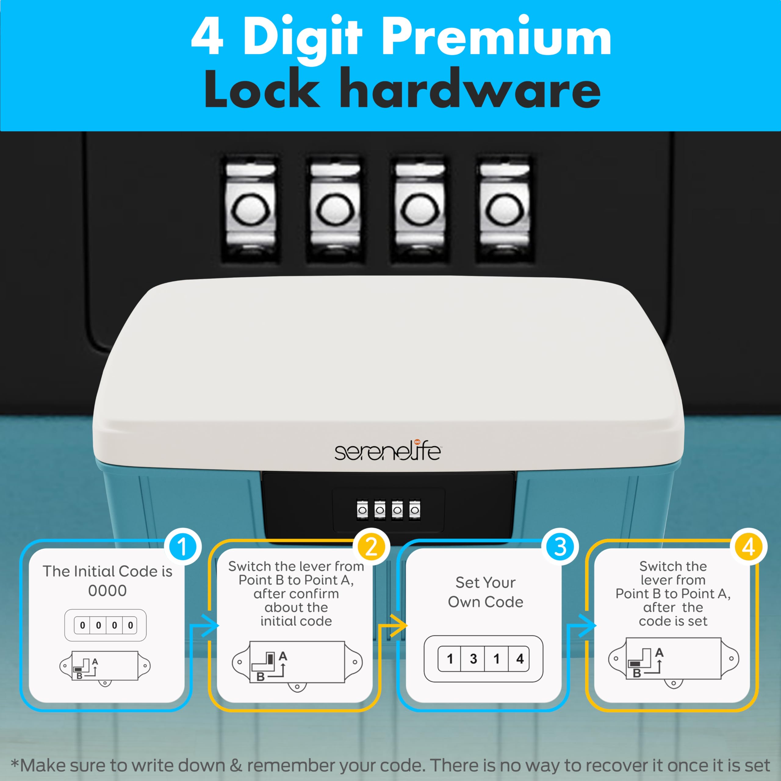 4 Digit Premium Lock hardware

1. The Initial Code is 0000
2. Switch the lever from Point B to Point A, after confirm about the initial code
3. Set Your Own Code
4. Switch the lever from Point B to Point A, after the code is set

*Make sure to write down & remember your code. There is no way to recover it once it is set