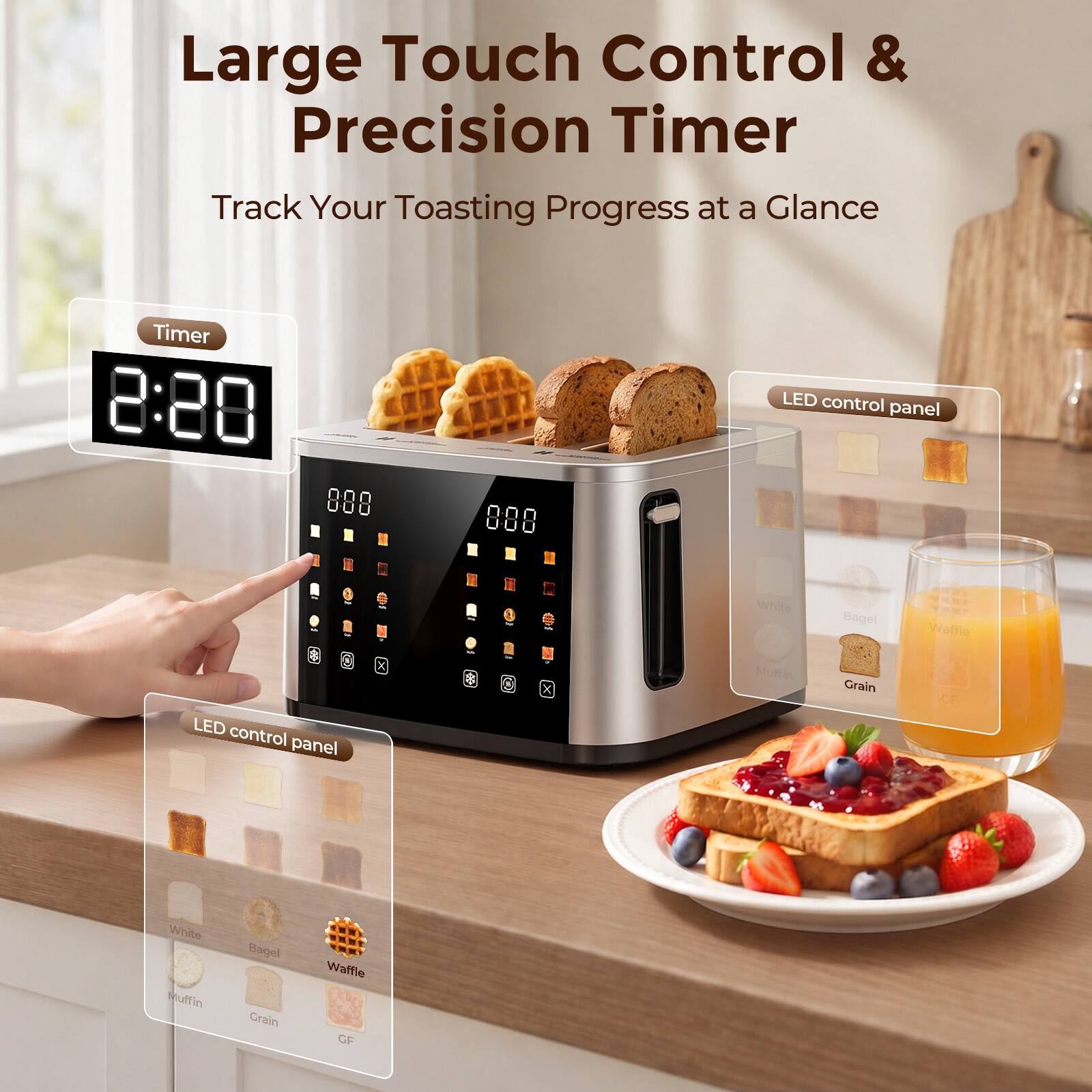Large Touch Control & Precision Timer  
Track Your Toasting Progress at a Glance  

Timer: 2:20  

LED control panel  

White  
Bagel  
Waffle  
Muffin  
Grain  
GF  
White Muffin  
Bagel Grain  
Waffle GF