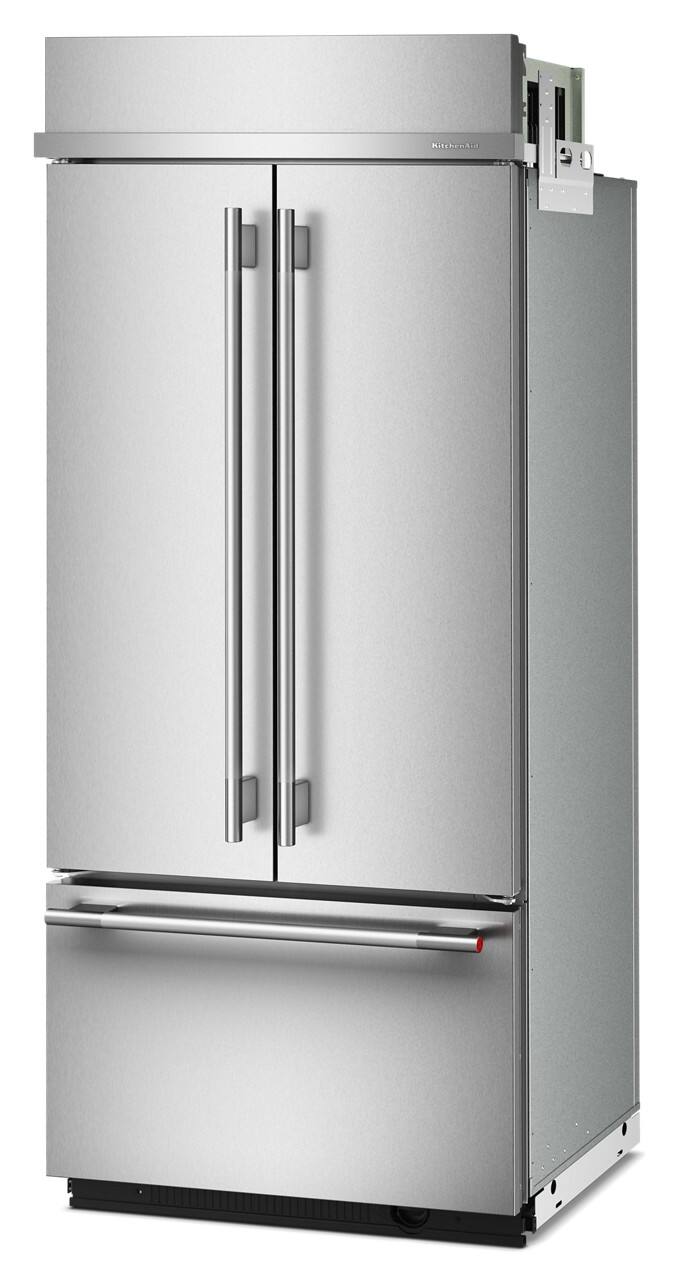 Left. KitchenAid - 20.8 Cu. Ft. Built-In French Door Bottom Mount Refrigerator - Stainless Steel with PrintShield Finish.