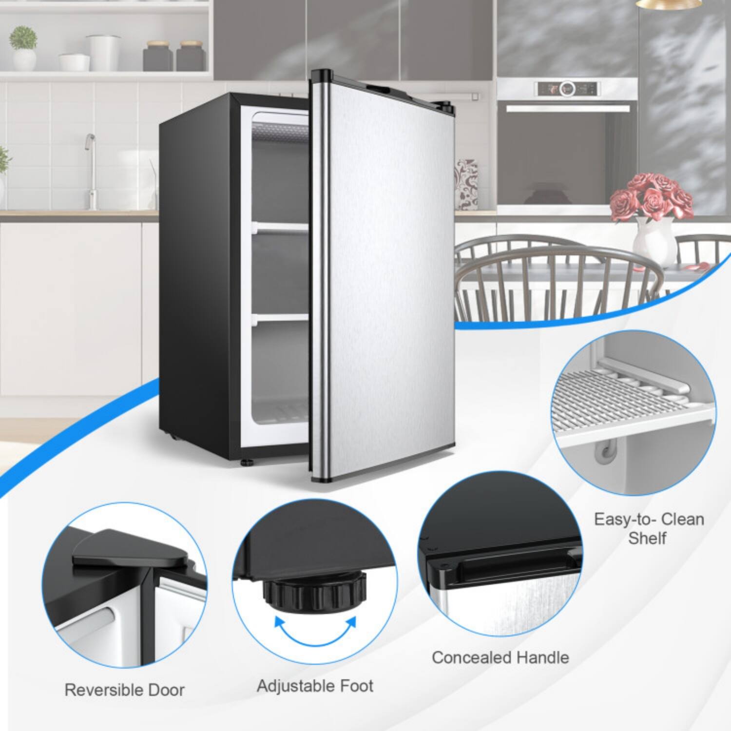 Easy-to-Clean Shelf  
Reversible Door  
Adjustable Foot  
Concealed Handle