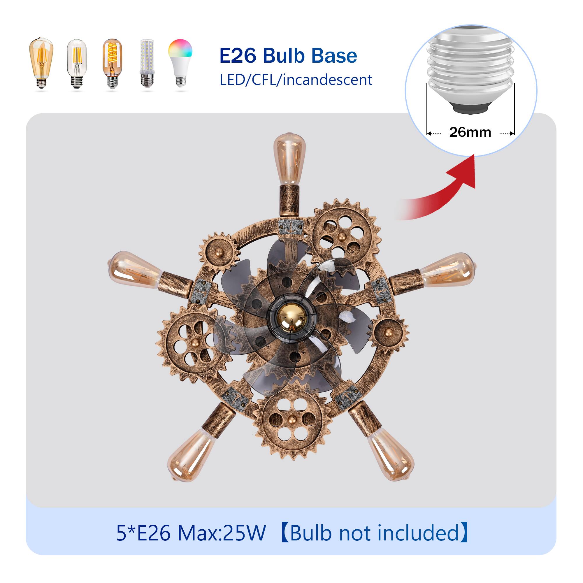 E26 Bulb Base  
LED/CFL/Incandescent  
26mm  

5*E26 Max:25W  
[Bulb not included]