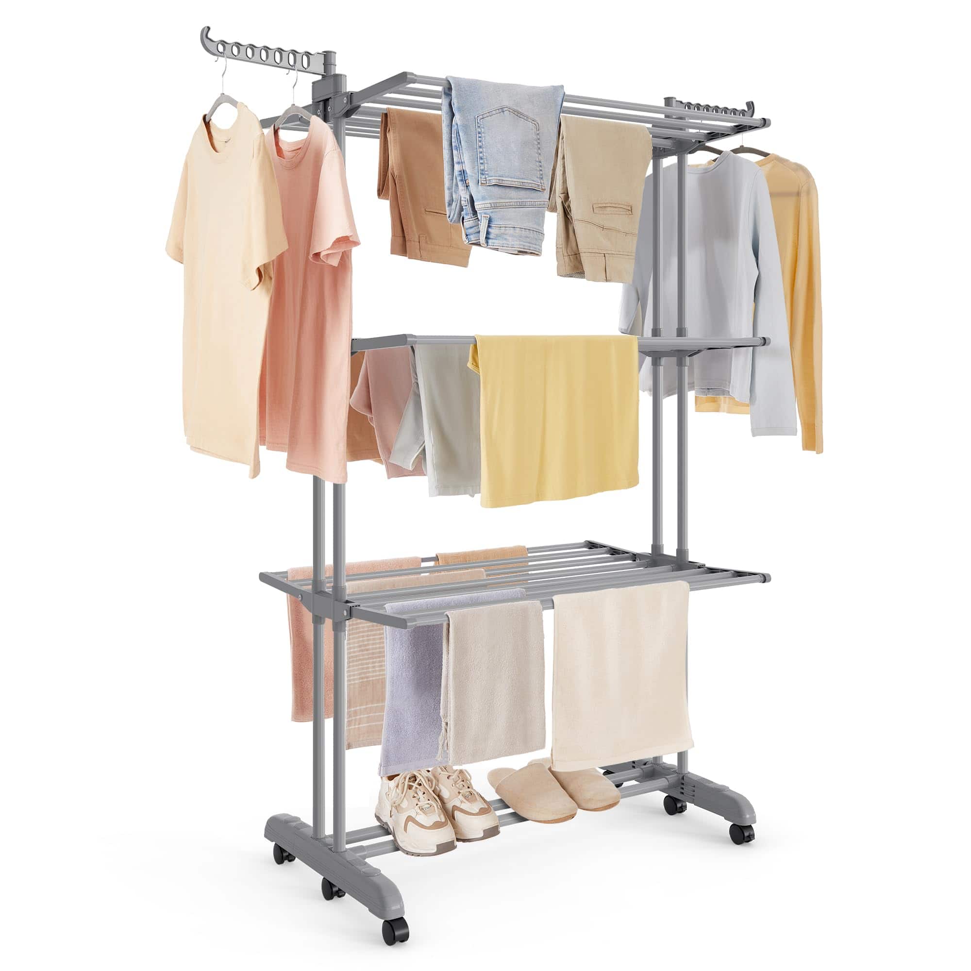 Hirose Alice - SONGMICS Clothes Drying Rack Stand 4 Tier Laundry Drying Rack 68.1 Inch Tall Steel Rolling Clothes Horses - Dove Gray 4-Tier + Foldable