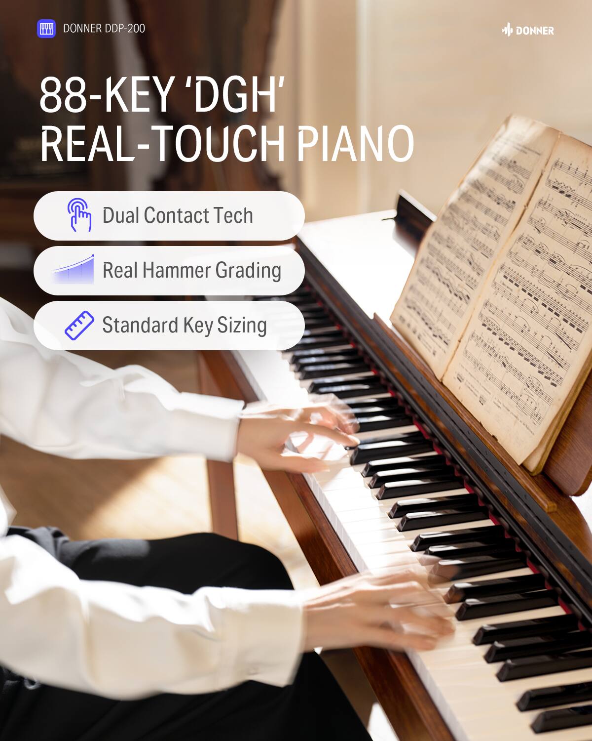 WIT DONNER DDP-200 DONNER 88-KEY 'DGH' REAL-TOUCH PIANO Dual Contact Tech Real Hammer Grading Standard Key Sizing