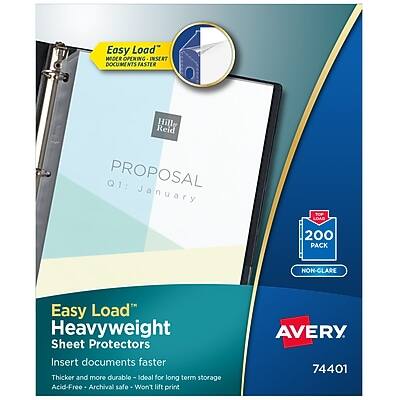 Easy Load™ Heavyweight Sheet Protectors  
Insert documents faster  
Thicker and more durable - ideal for long term storage  
Acid-Free - Archival safe - Won't lift print  
AVERY 74401  
200 Pack Non-Glare  
Easy Load™  
Documents open easier - Insert documents faster  
PROPOSAL  
01: January