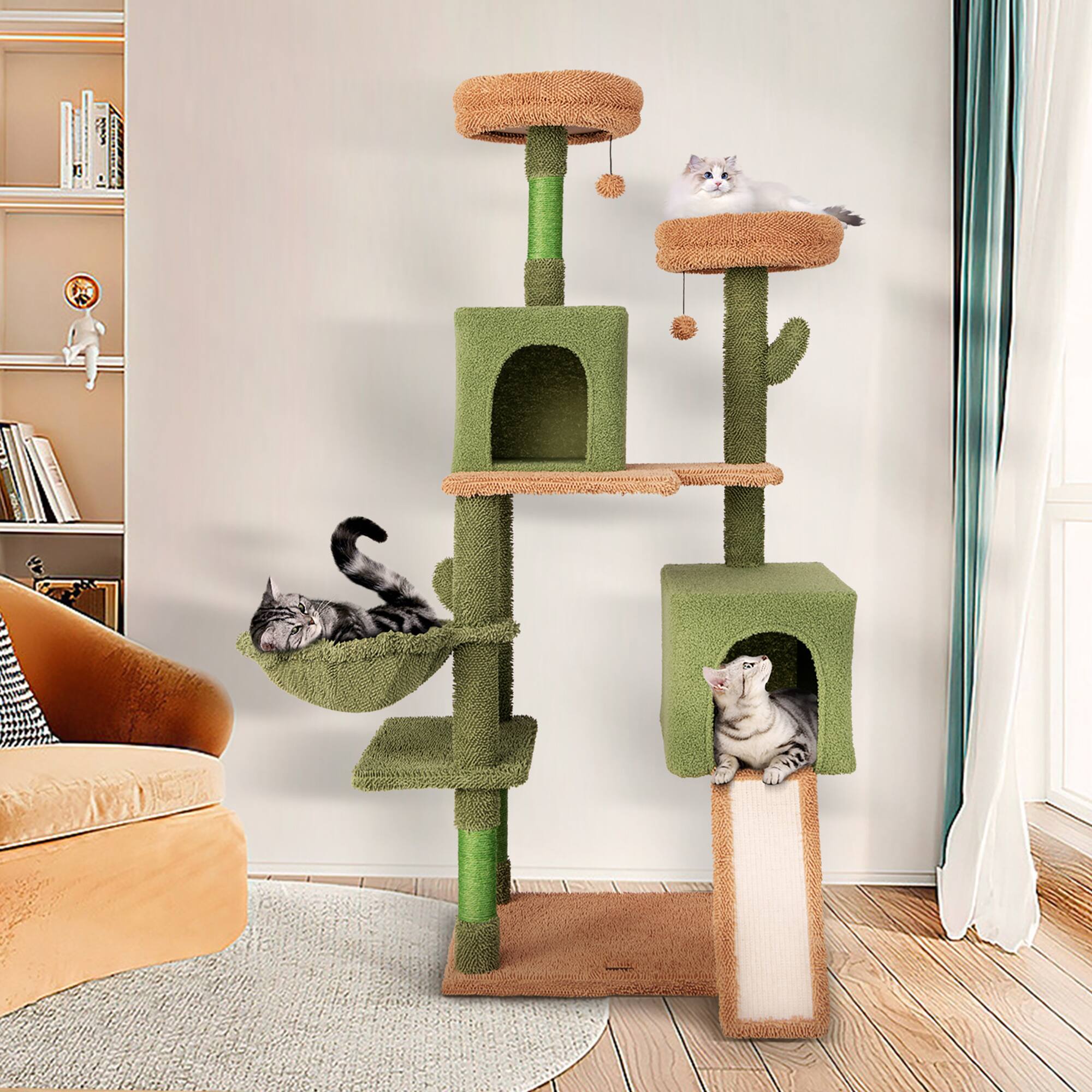 Alt View 3. Gymax - Gymax 63'' Cactus Cat Tree for Indoor Cats w/Sisal Scratching Posts & Ladder Basket Bed.