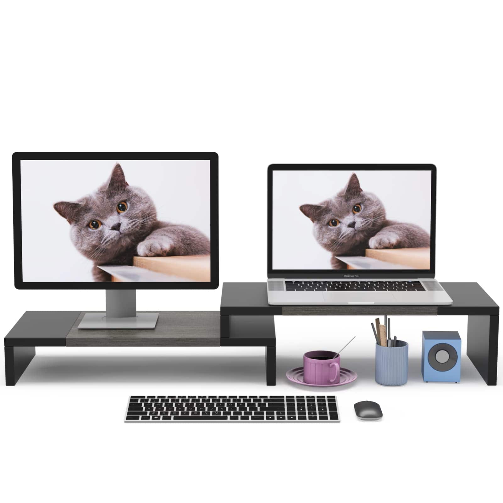 Cedar Assembly - Dual Monitor Stand Riser 2 Shelf Computer With Adjustable Length And Angle Stands For 2 Monitors Desktop - Gray