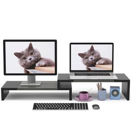 Cedar Assembly - Dual Monitor Stand Riser 2 Shelf Computer With Adjustable Length And Angle Stands For 2 Monitors Desktop - Gray