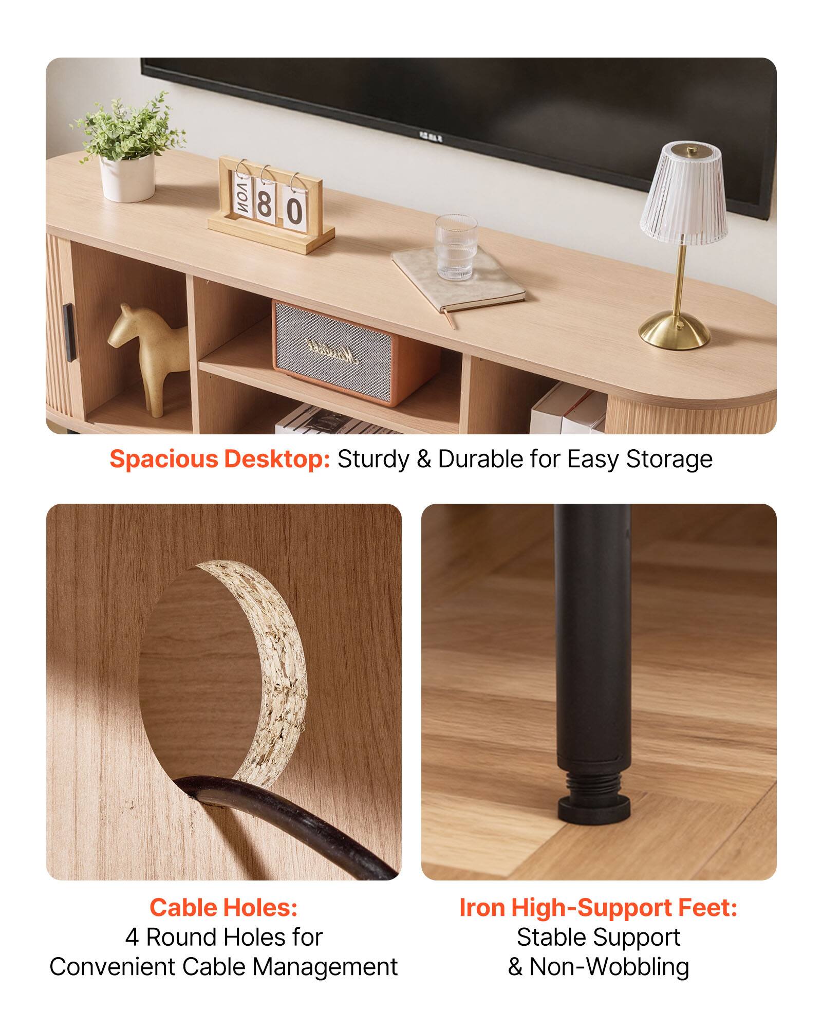 - Spacious Desktop: Sturdy & Durable for Easy Storage
- Cable Holes: 4 Round Holes for Convenient Cable Management
- Iron High-Support Feet: Stable Support & Non-Wobbling