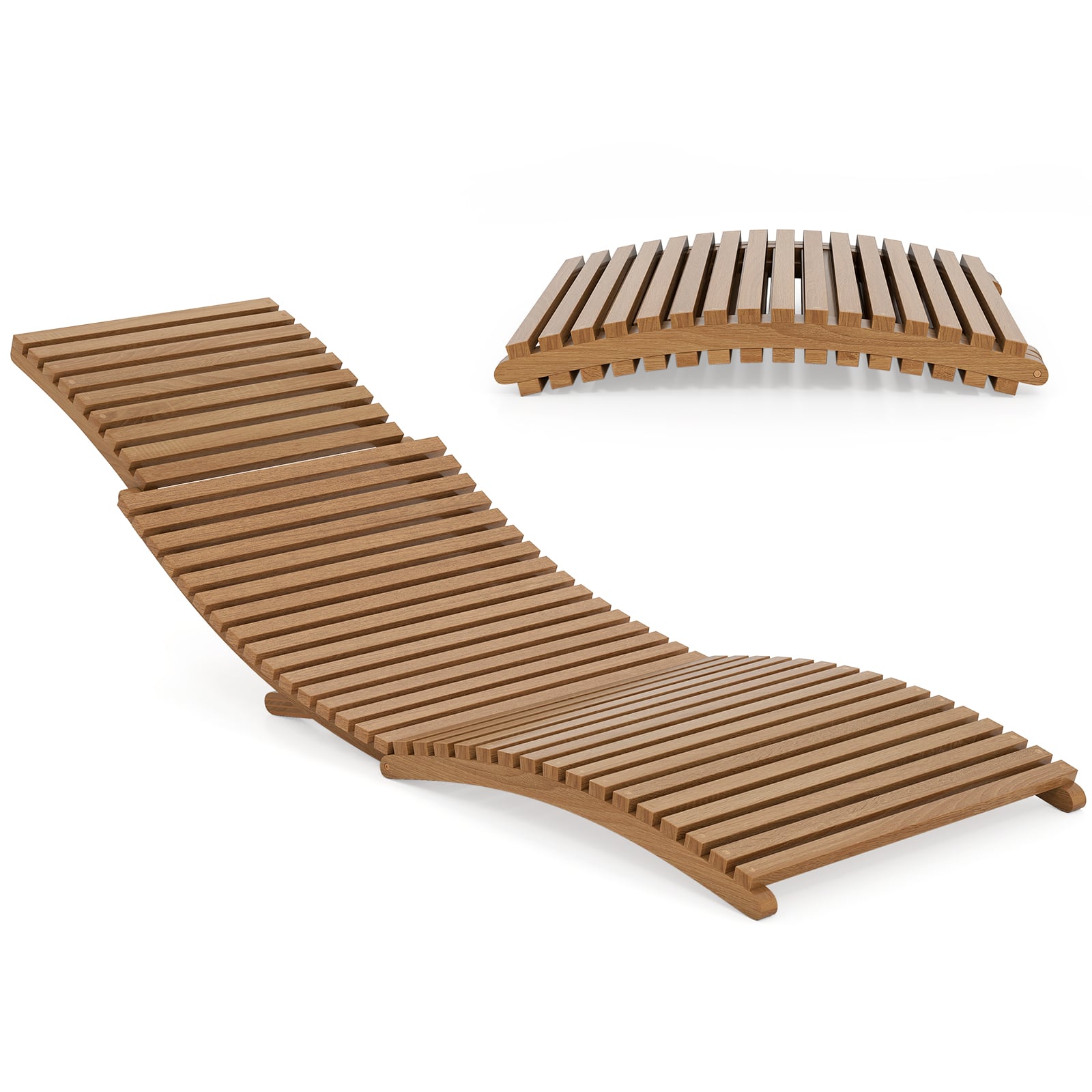 Gymax - Outdoor Folding Teak Wood Chaise Lounge Chair w/Curved Lying Area for Poolside - Brown