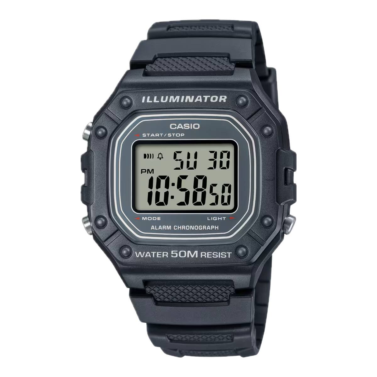 ILLUMINATOR  
CASIO  
START/STOP  
50 30  
PM 10:58:50  
MODE  
ALARM CHRONOGRAPH  
LIGHT  
WATER 50M RESIST