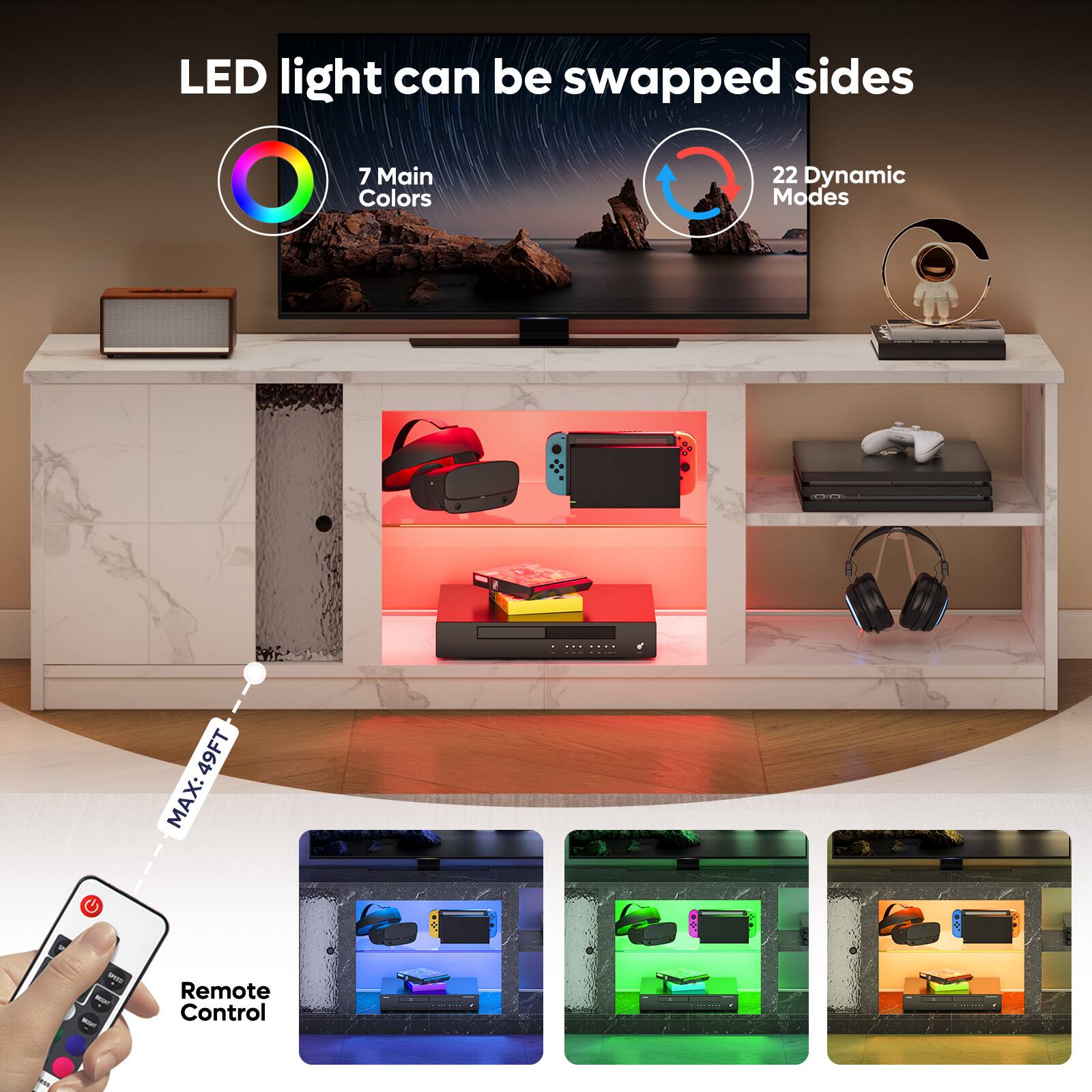 LED light can be swapped sides 7 Main Colors 22 Dynamic Modes 49FT MAX: 40 - - Remote Control