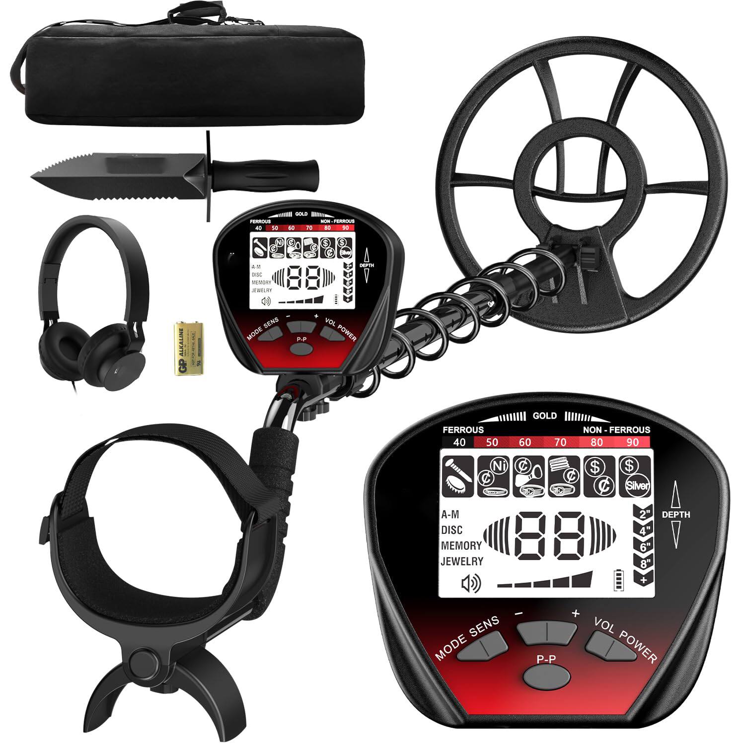 GlowWise - Metal Detector for Adults Waterproof,Gold Detector Kit with High Accuracy,10" IP68 Coil, Backlight LCD Display, 5 Modes - Red