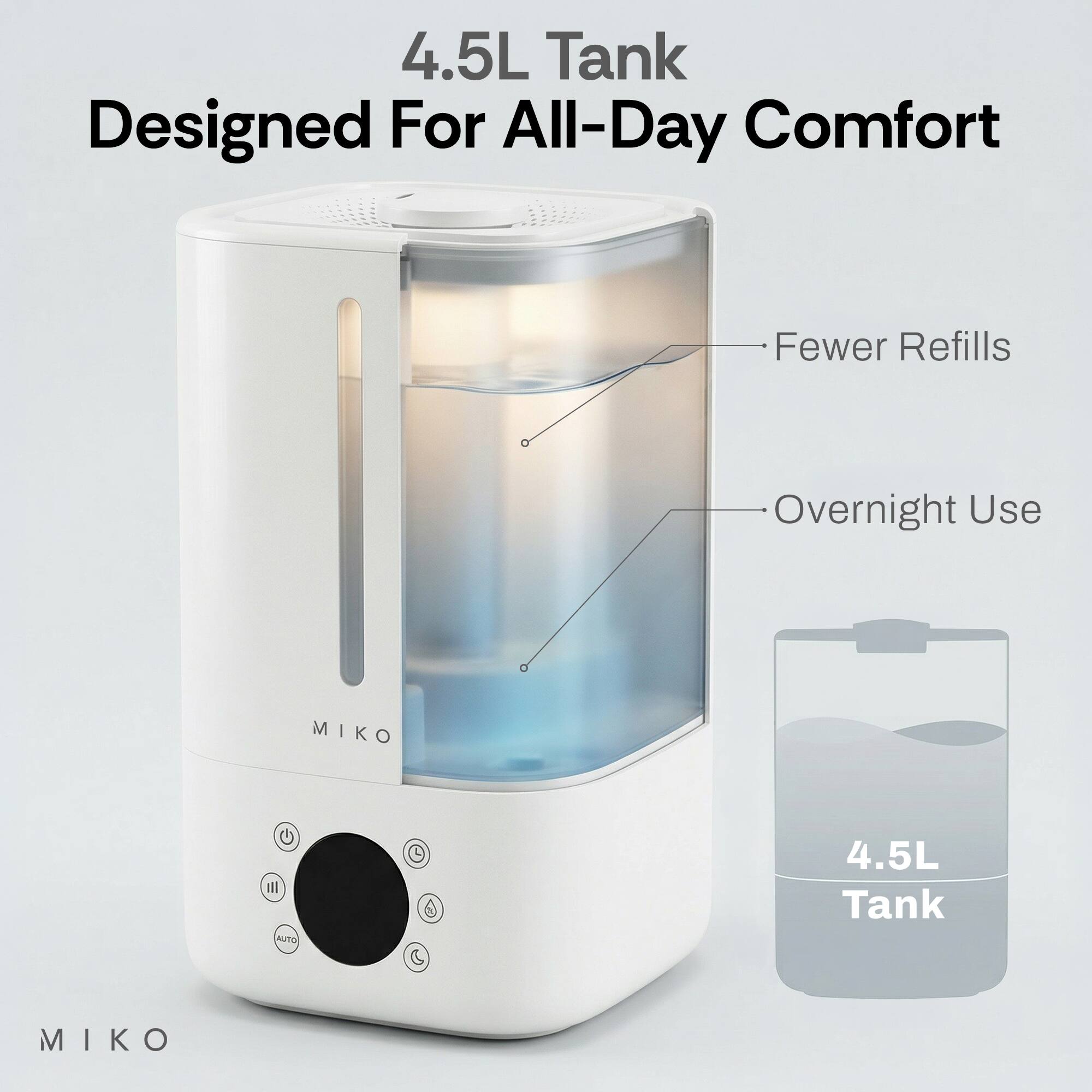 4.5L Tank Designed For All-Day Comfort  
Fewer Refills  
Overnight Use  
MIKO  
AUTO  
4.5L Tank  
MIKO