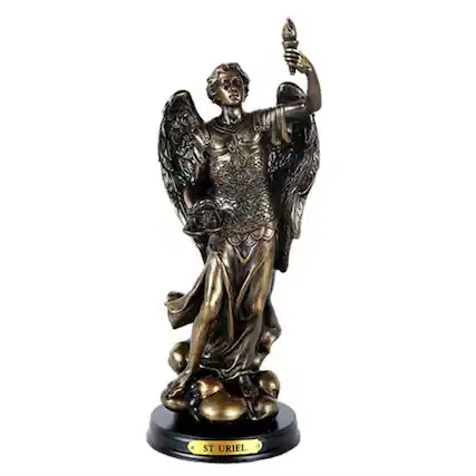 Front. Pacific Trading - St. Uriel Archangel of Light and Wisdom Figurine 8 Inch Tall Wooden Base with Brass Name Plate - Bronze.