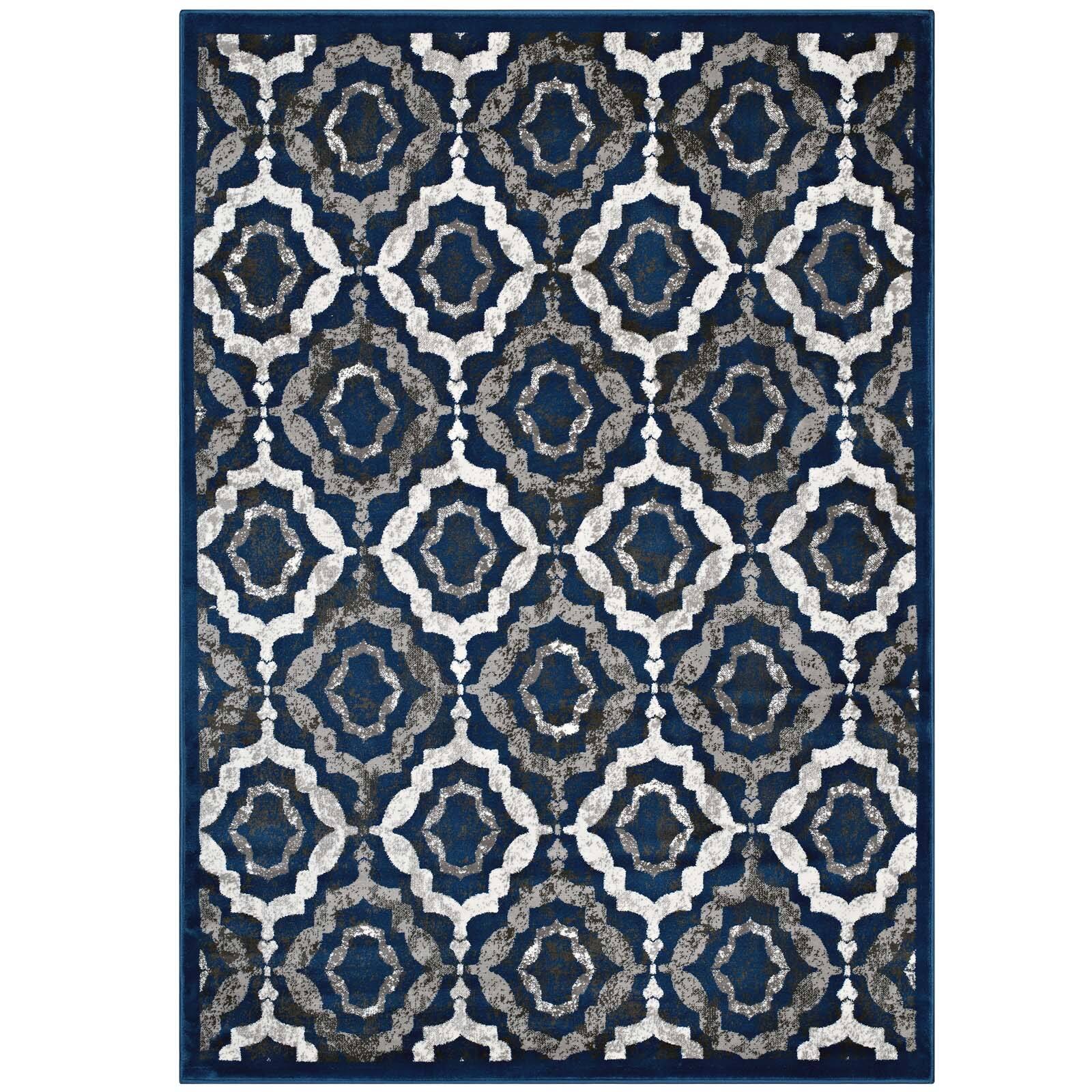 Angle. Modway - Kalinda Rustic Vintage Moroccan Trellis Area Rug - Ivory Moroccan Blue and Brown.