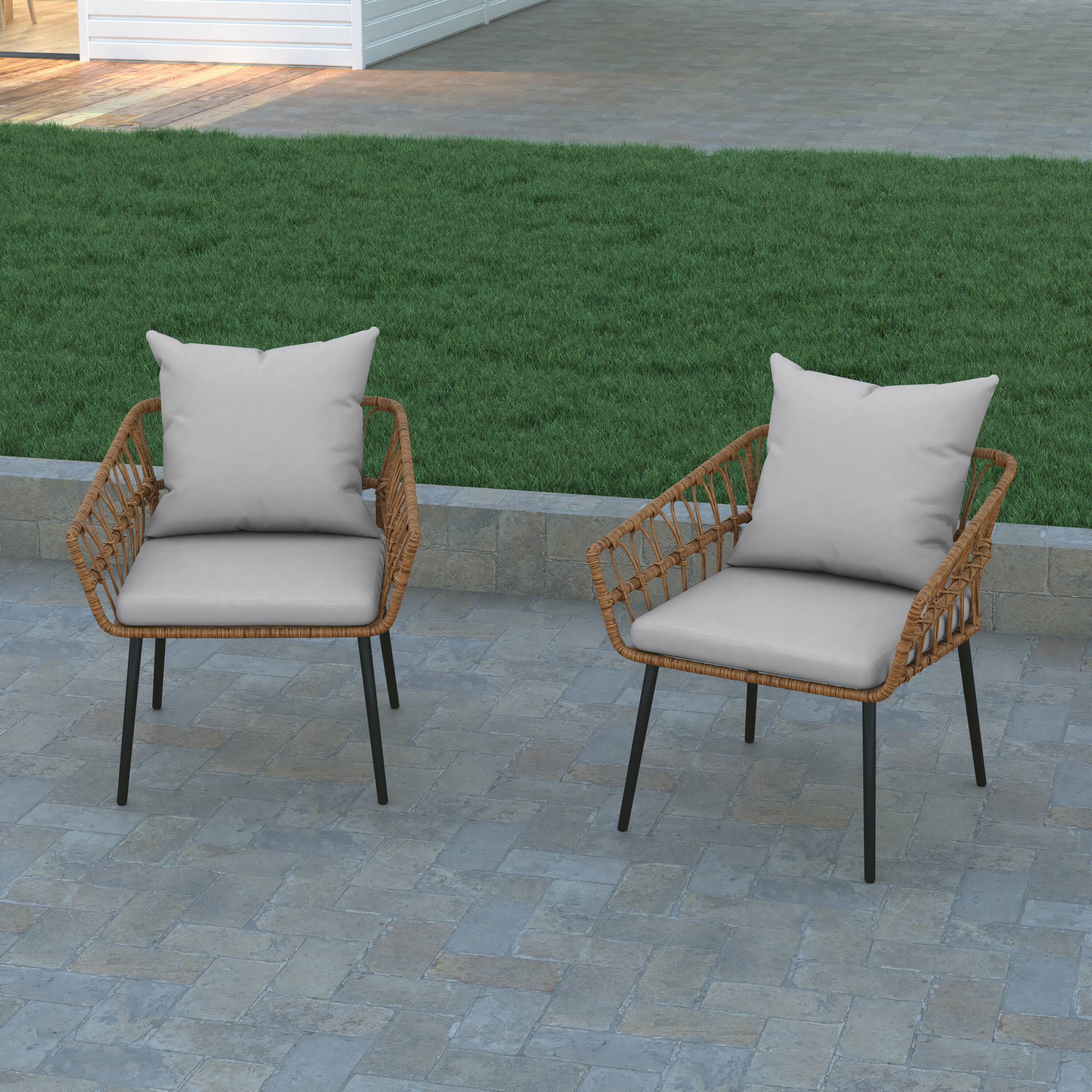 Alt View 4. Emma + Oliver - Auden Indoor/Outdoor Bohemian Natural Rattan Rope Patio Chairs with Open Weave Design and Removable Plush Cushions - Gray Cushions/Natural Frame.