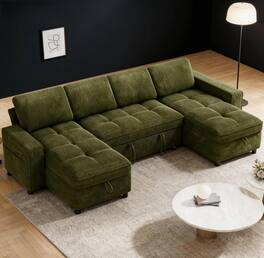 Dyonery - 105" U Shaped Couch Sleeper Sofa, Pull Out Couch with Reclining Backrest, Reversible Storage Chaise, USB Ports - Green