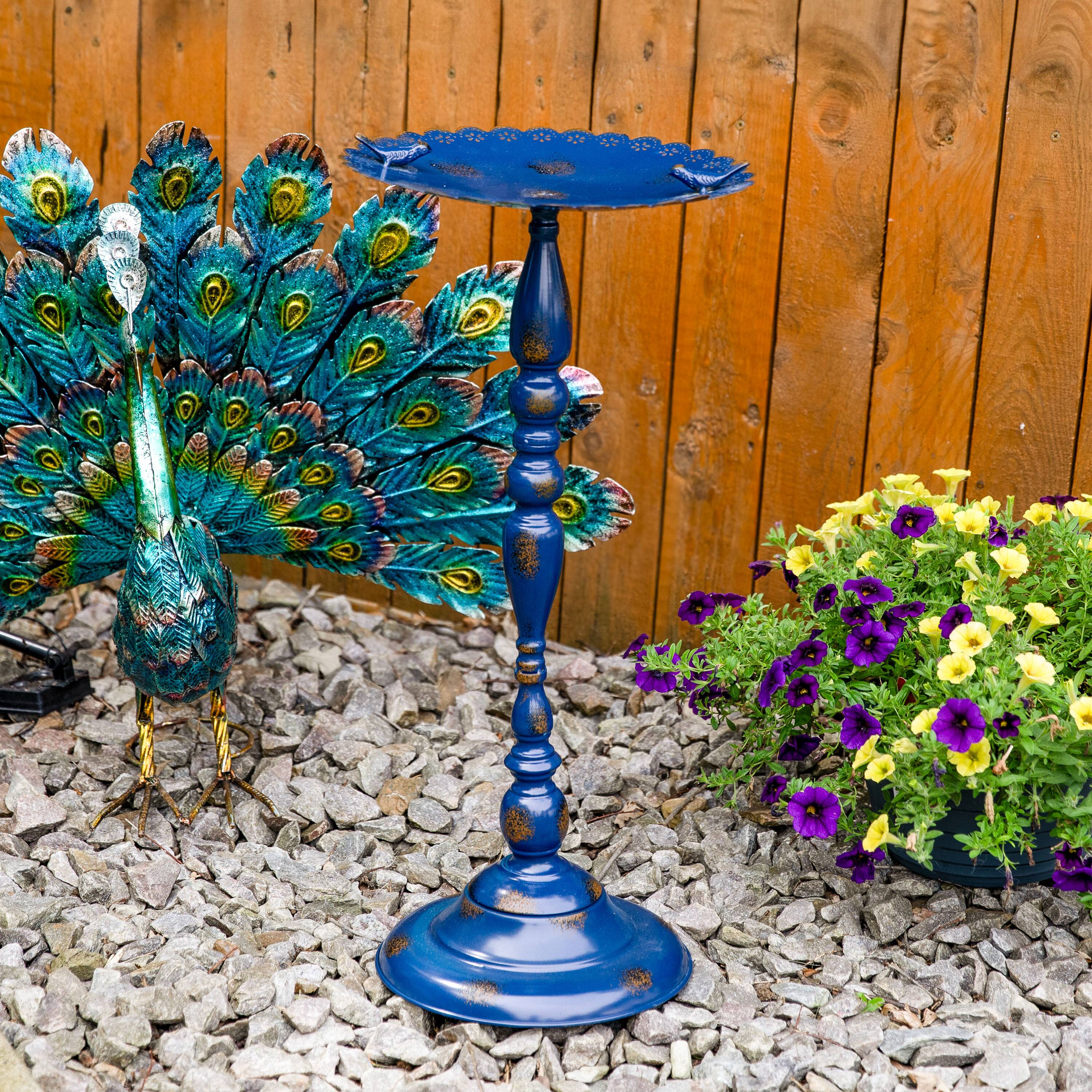 Alt View 3. Sunnydaze - Feathered Friends Iron Pedestal Bird Feeder - 26" H - Blue.