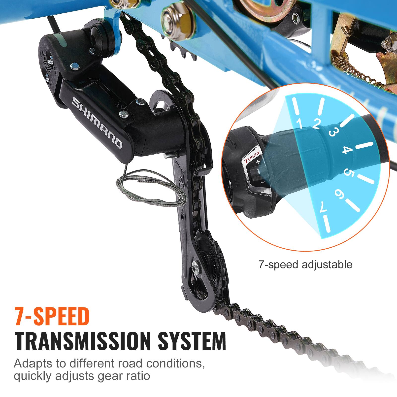 SHIMANO l TSPERO 1 I 1 I 2 I 3 4 - 5 - 6 7 7-speed adjustable 7-SPEED TRANSMISSION SYSTEM Adapts to different road conditions, quickly adjusts gear ratio