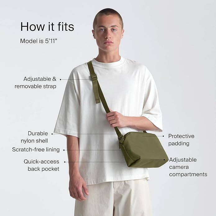 How it fits  
Model is 5'11"  
Adjustable & removable strap  
Durable nylon shell  
Scratch-free lining  
Quick-access back pocket  
Protective padding  
Adjustable camera compartments