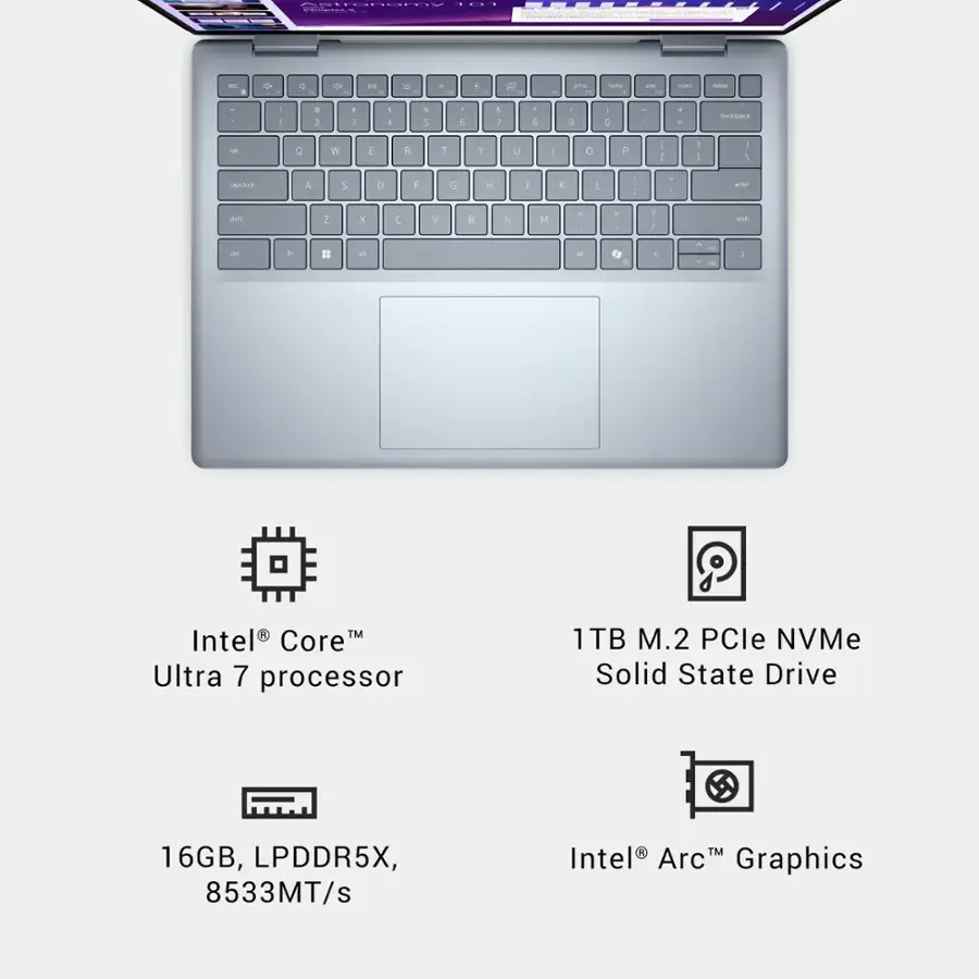 The text on the image reads:

"Intel Core Ultra 7 processor
1TB M.2 PCle NVMe Solid State Drive
16GB, LPDDR5X, 8533MT/s
Intel ArcM Graphics"

This information is grouped under the categories of Processor, Storage, and Graphics.
