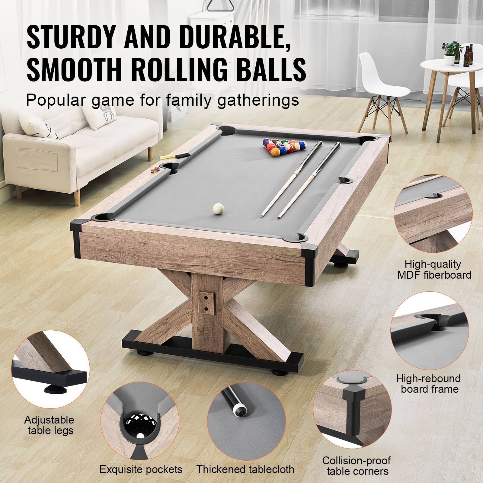 STURDY AND DURABLE, SMOOTH ROLLING BALLS

Popular game for family gatherings

High-quality MDF fiberboard
High-rebound board frame
Adjustable table legs
Collision-proof table corners
Exquisite pockets
Thickened tablecloth