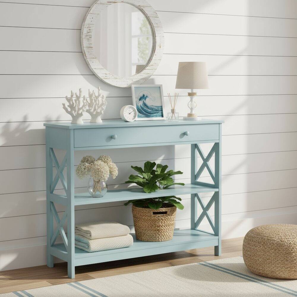 Alt View 1. FurniFact - Console Cabinet with 1 Drawer and Shelves, 3 Tiers of Storage in Blue Color - Sea Foam Blue.