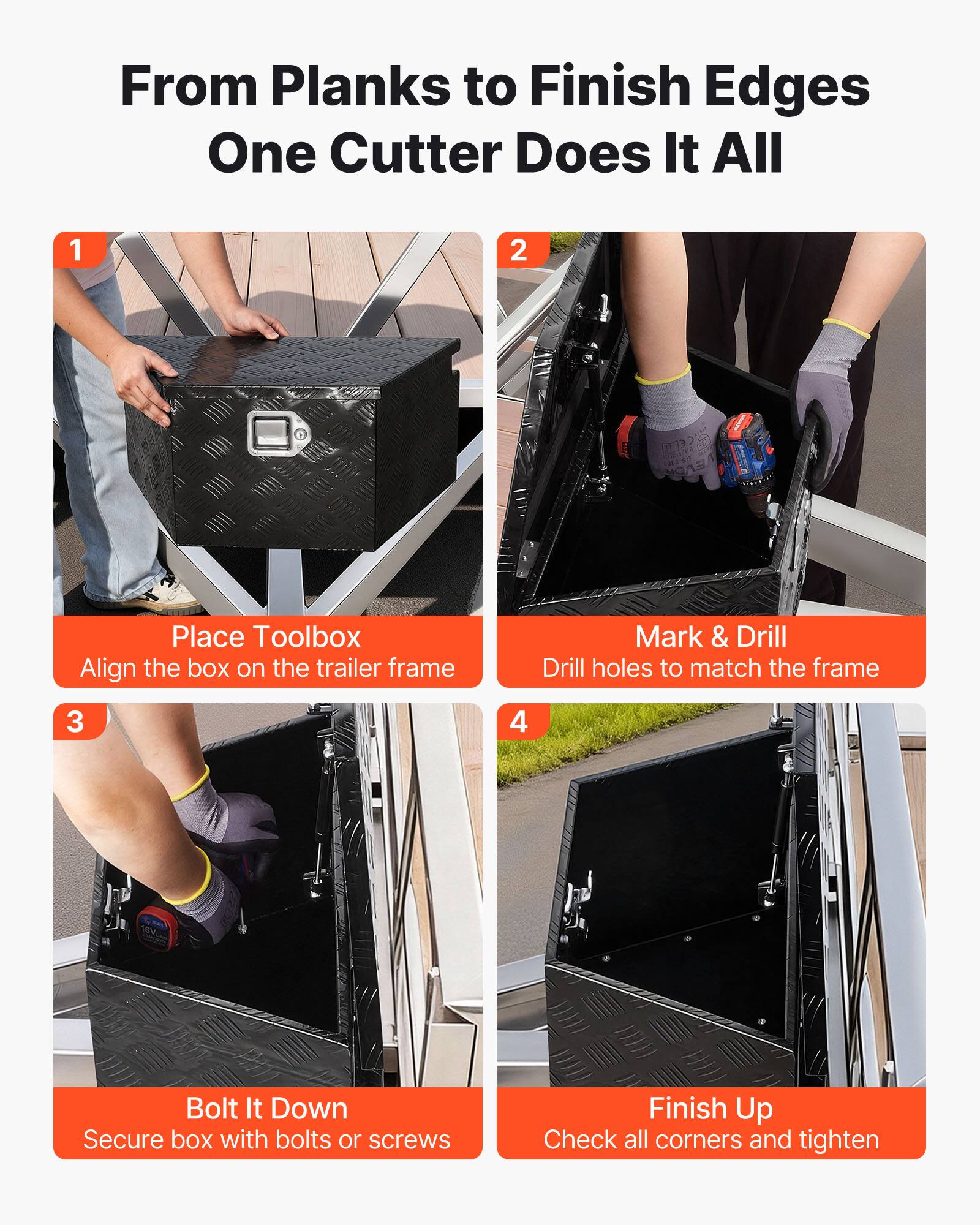 From Planks to Finish Edges  
One Cutter Does It All

1. Place Toolbox  
   Align the box on the trailer frame

2. Mark & Drill  
   Drill holes to match the frame

3. Bolt It Down  
   Secure box with bolts or screws

4. Finish Up  
   Check all corners and tighten