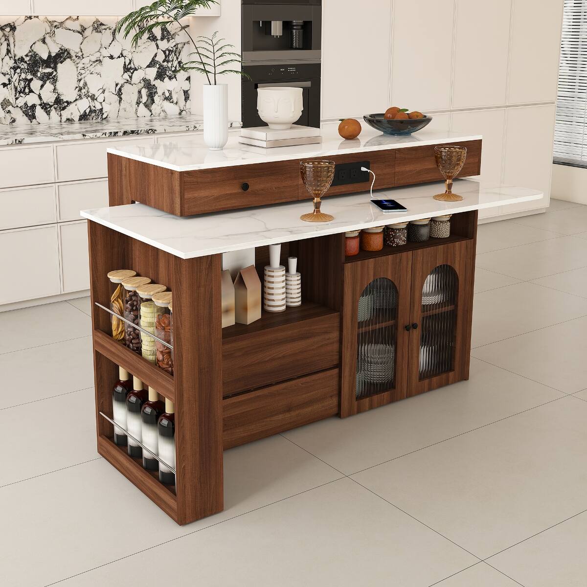 Back. Loheer - Kitchen Island with Extendable Rotating Table, Walnut Veneer Retro Design, Expandable Dining Station - White+Walnut.