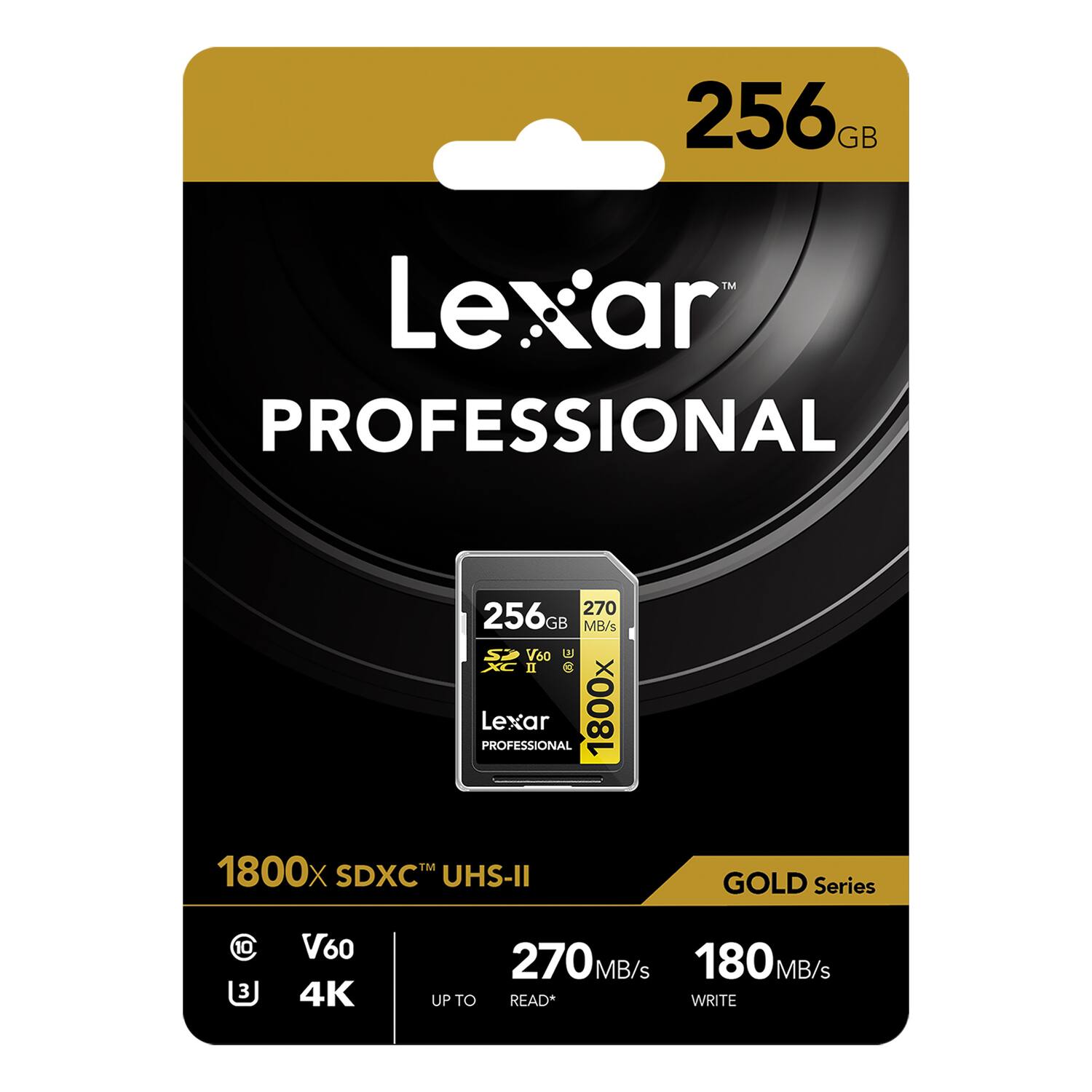 256GB Lexar PROFESSIONAL 1800x SDXC UHS-II GOLD Series C10 V60 4K UP TO 270 MB/s READ* 180 MB/s WRITE